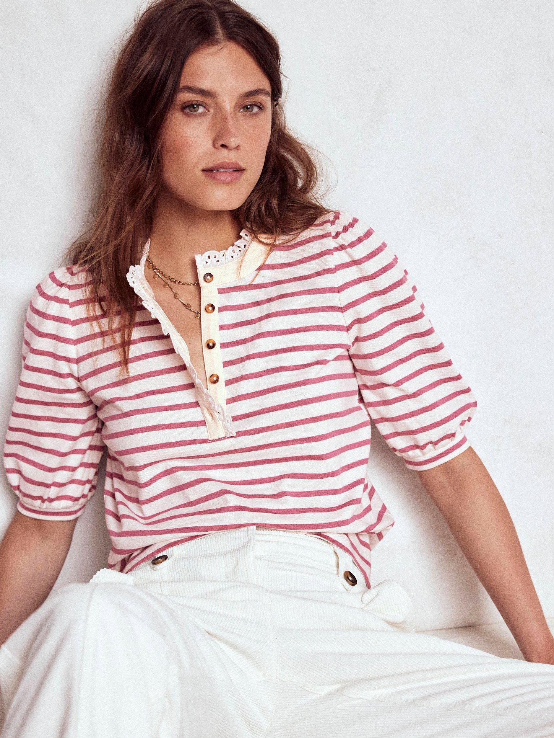 Product image 4 of 6, which shows Boden Puff Sleeve Lace Trim Henley Blouse, Pink/Ivory, 8