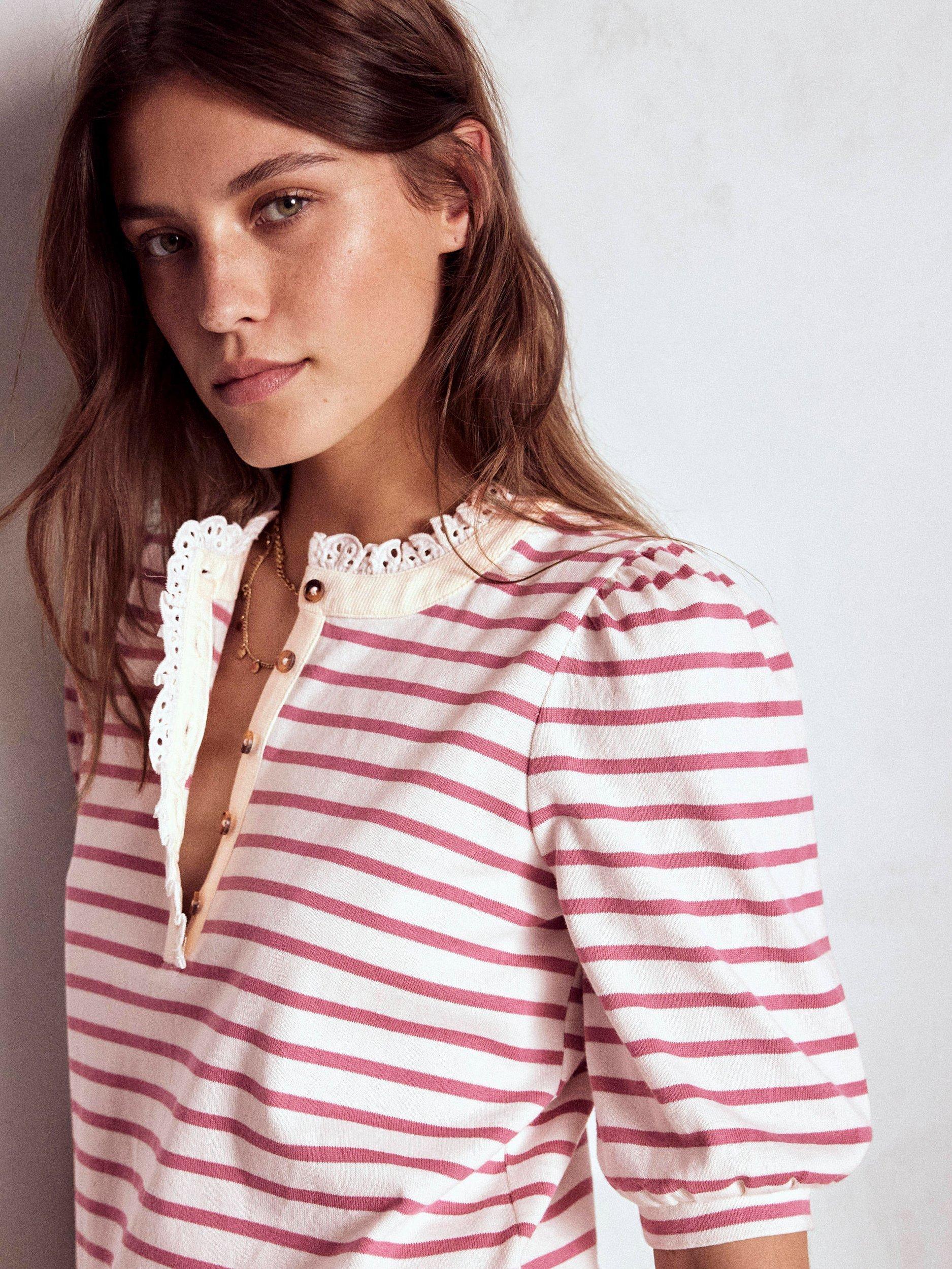 Product image 5 of 6, which shows Boden Puff Sleeve Lace Trim Henley Blouse, Pink/Ivory, 8