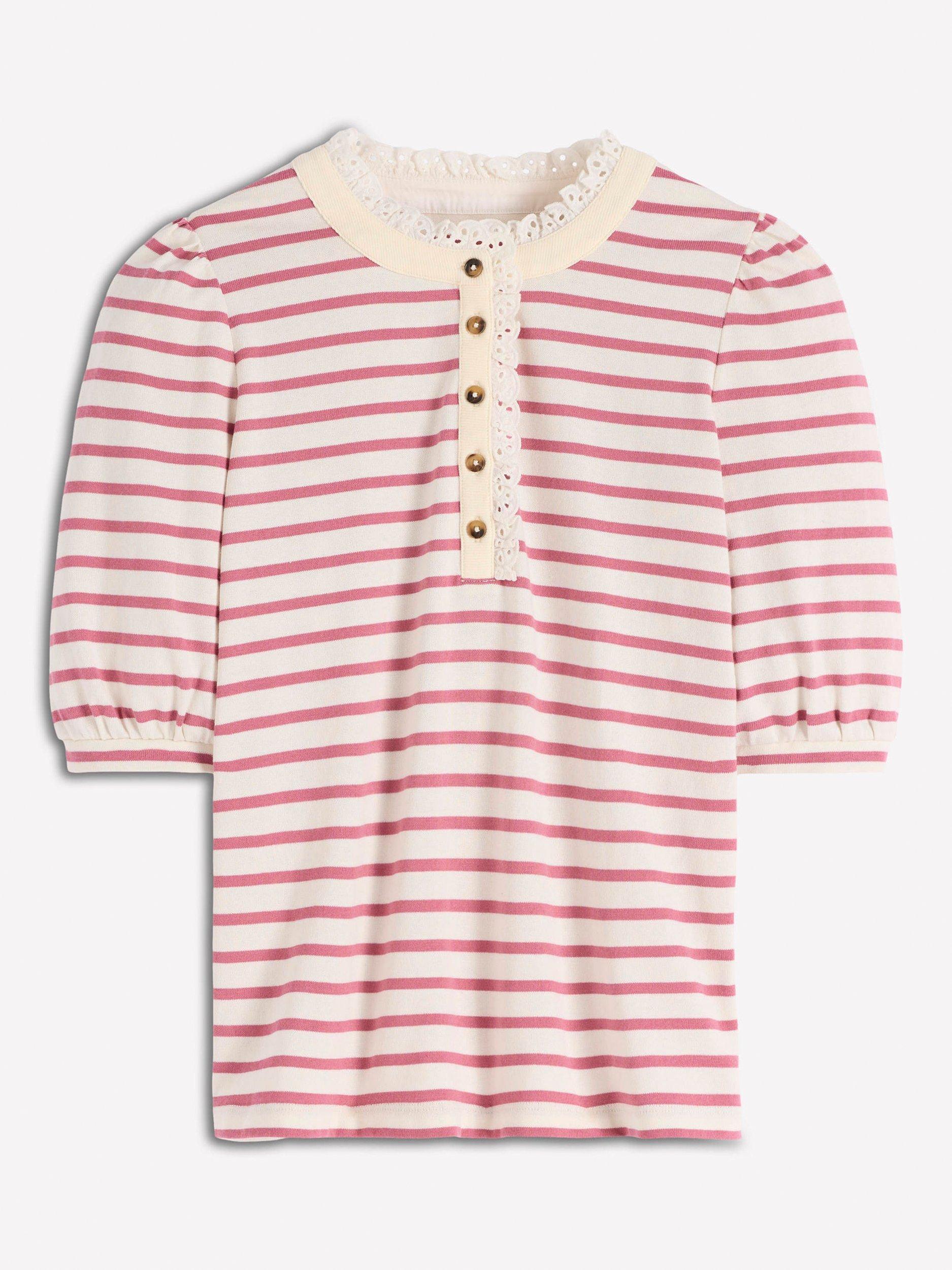 Product image 6 of 6, which shows Boden Puff Sleeve Lace Trim Henley Blouse, Pink/Ivory, 8