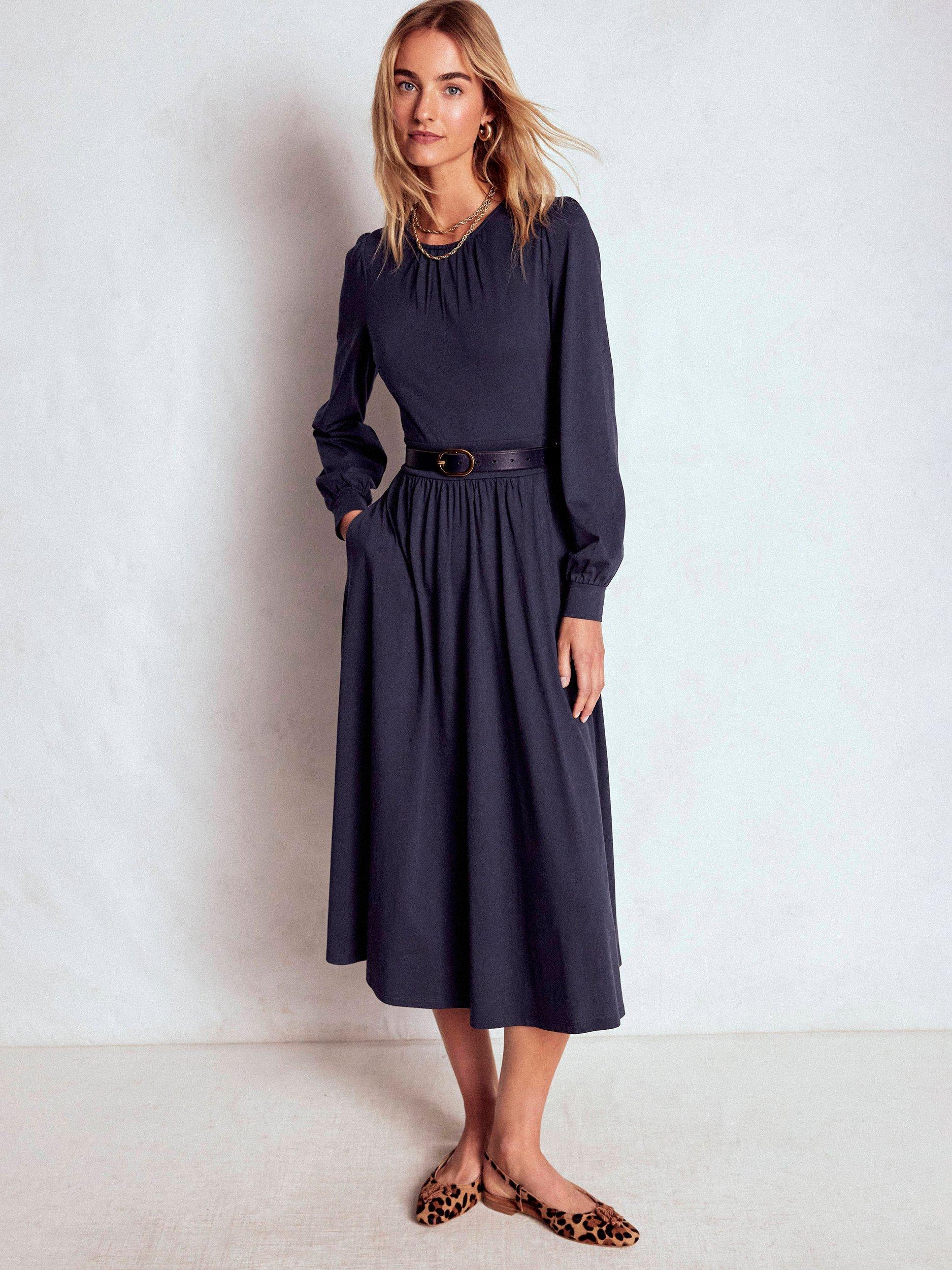 Product image 1 of 5, which shows Boden Alexandra Jersey Midi Dress, Navy, 14