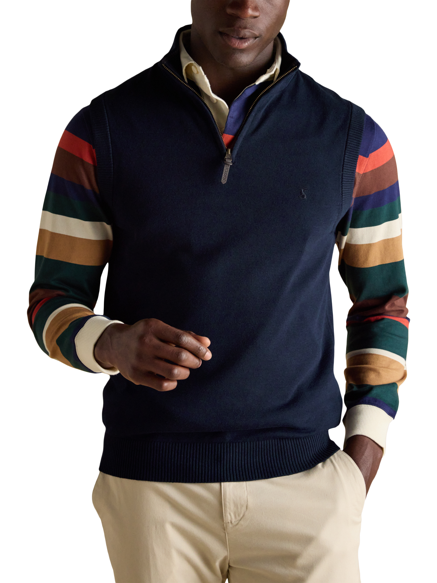Product image 1 of 8, which shows Joules Hillside Cotton Quarter-Zip Sleeveless Sweater, Navy, S