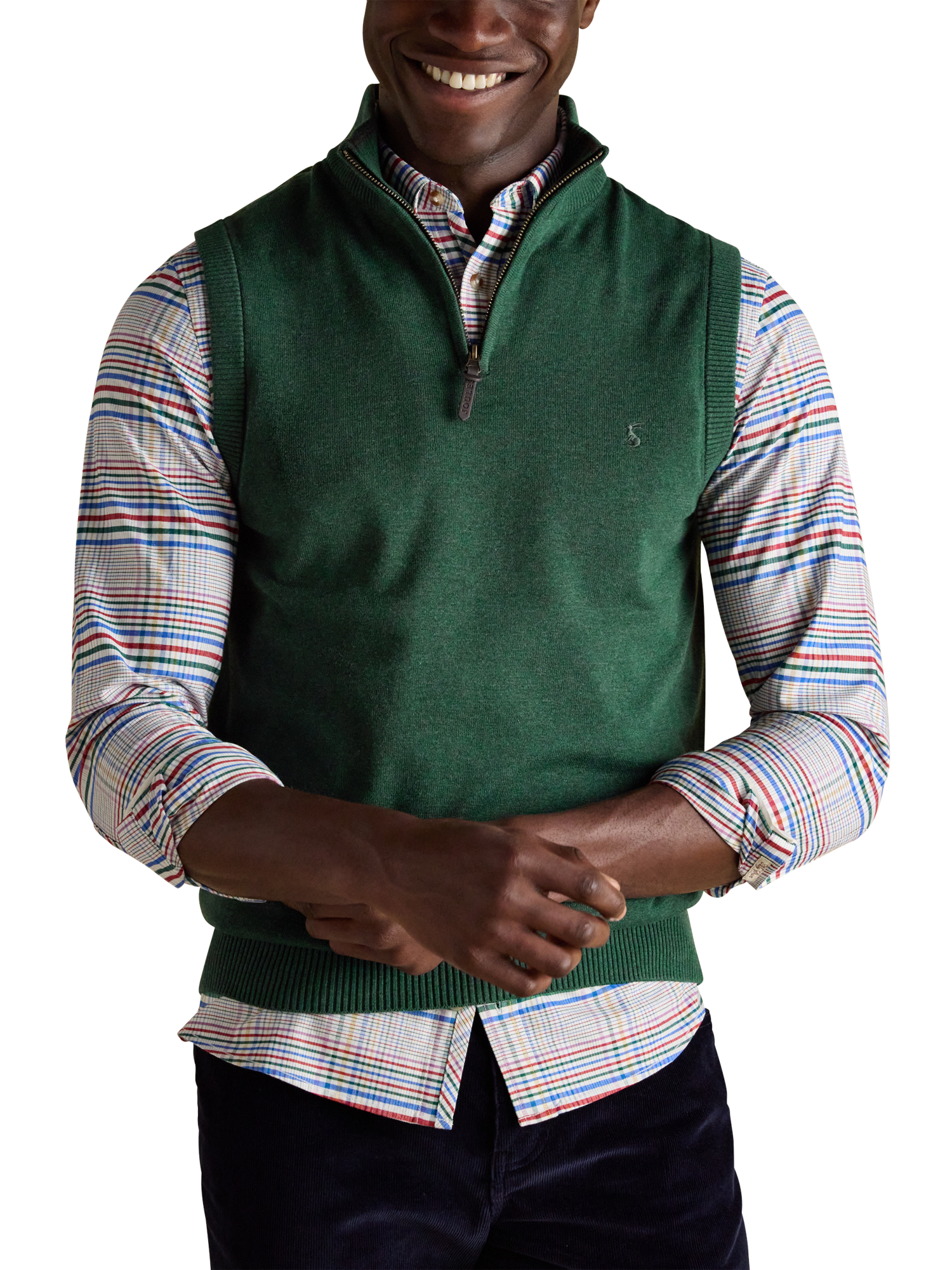 Product image 1 of 7, which shows Joules Hillside Cotton Quarter-Zip Sleeveless Sweater, Green, S