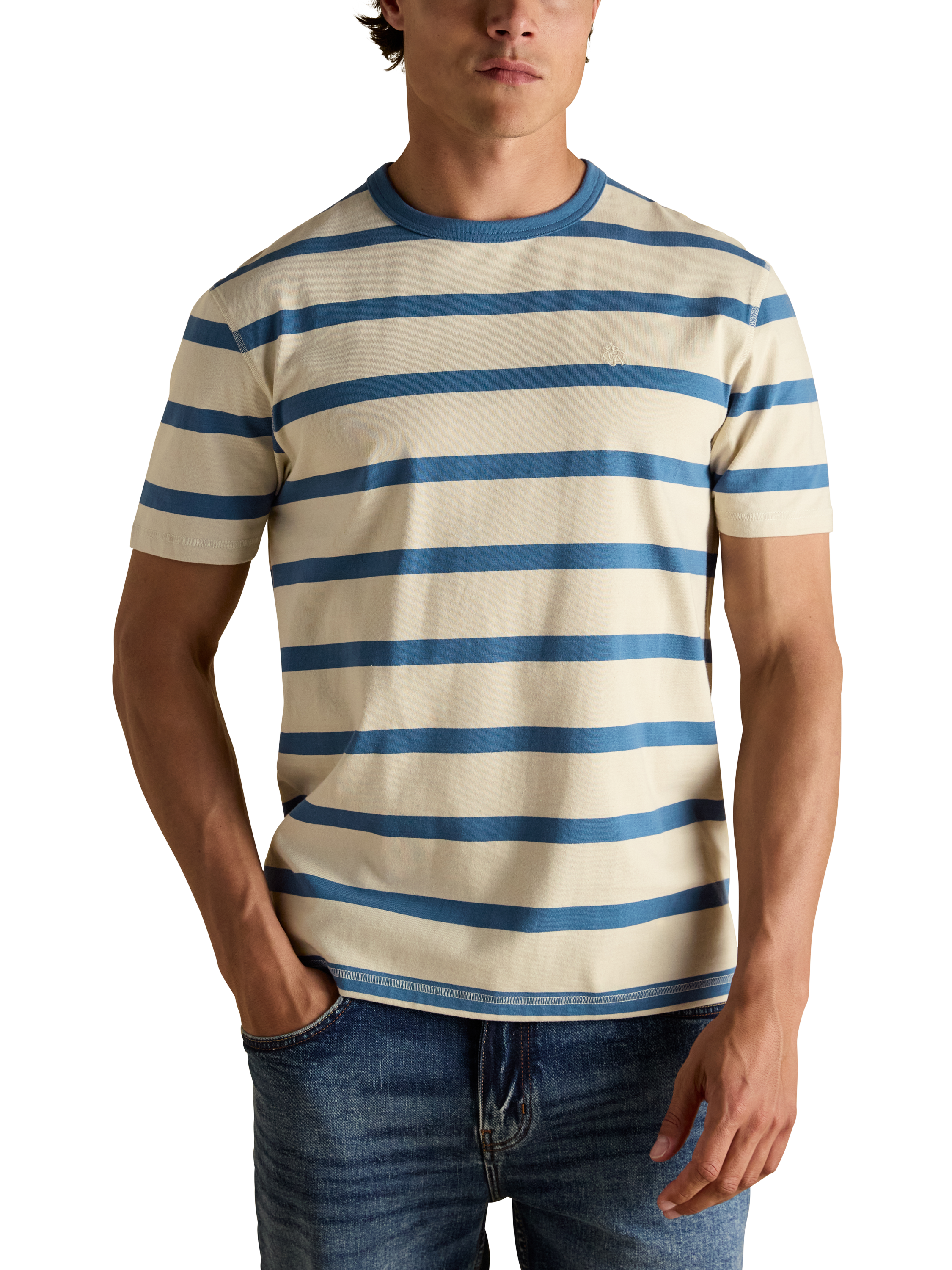 Product image 1 of 7, which shows Joules Cotton Regular Fit Short Sleeve Rugby Club T-Shirt, Cream/Blue, S