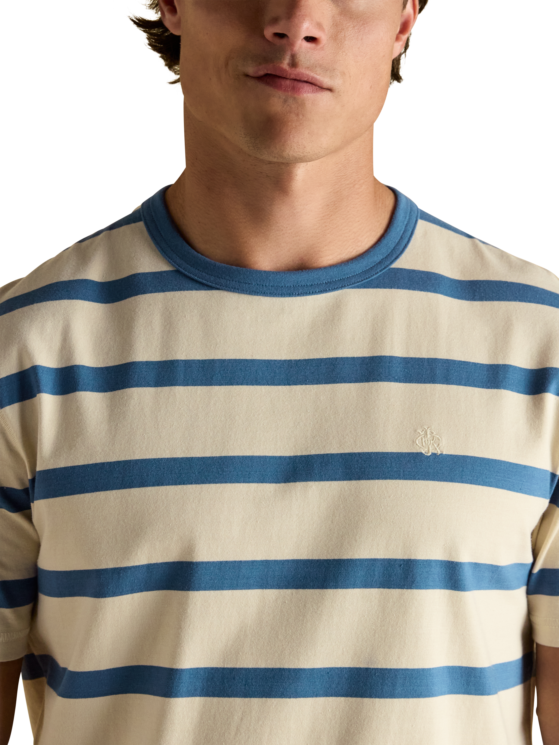 Product image 2 of 7, which shows Joules Cotton Regular Fit Short Sleeve Rugby Club T-Shirt, Cream/Blue, S