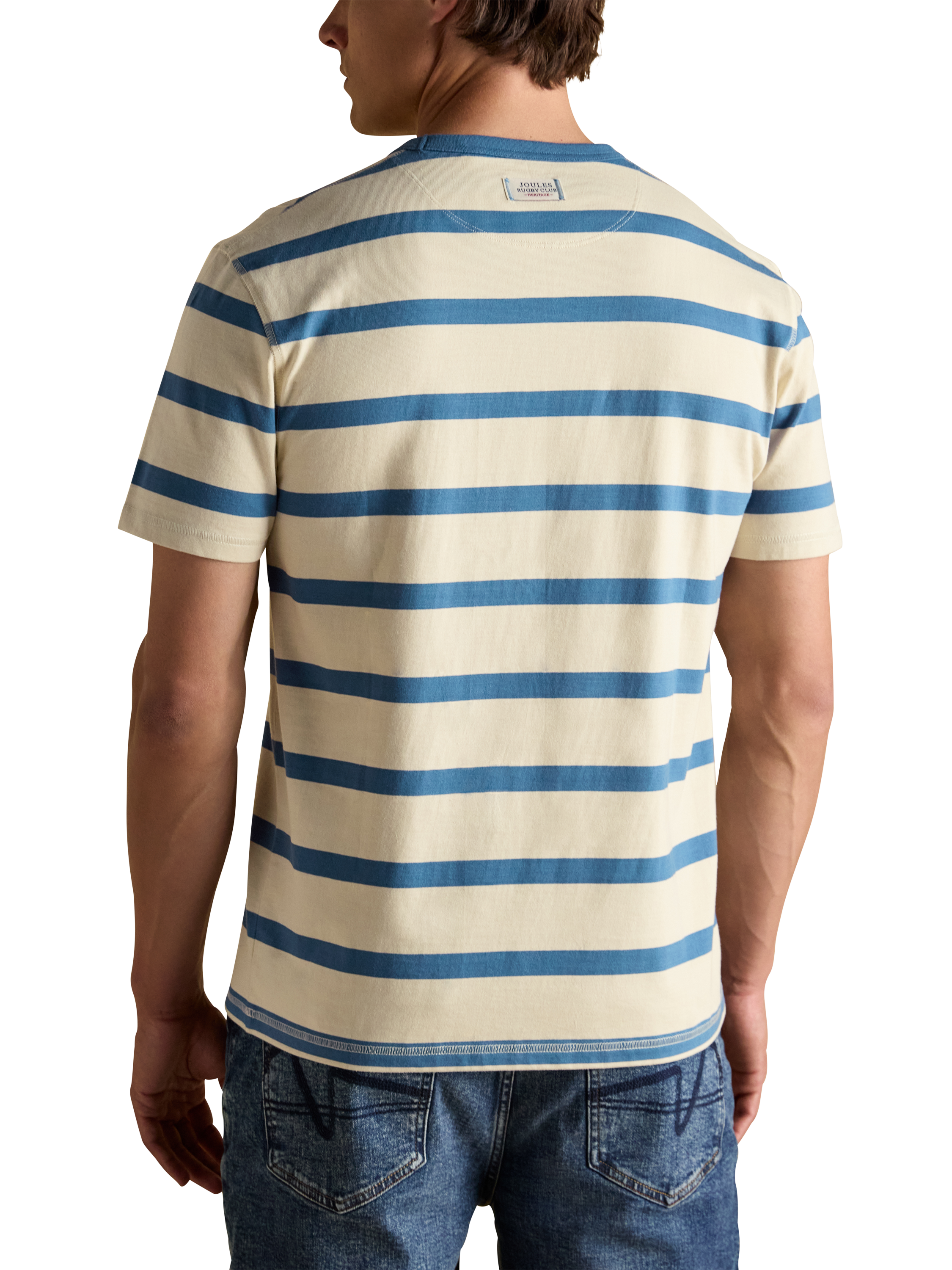 Product image 4 of 7, which shows Joules Cotton Regular Fit Short Sleeve Rugby Club T-Shirt, Cream/Blue, S