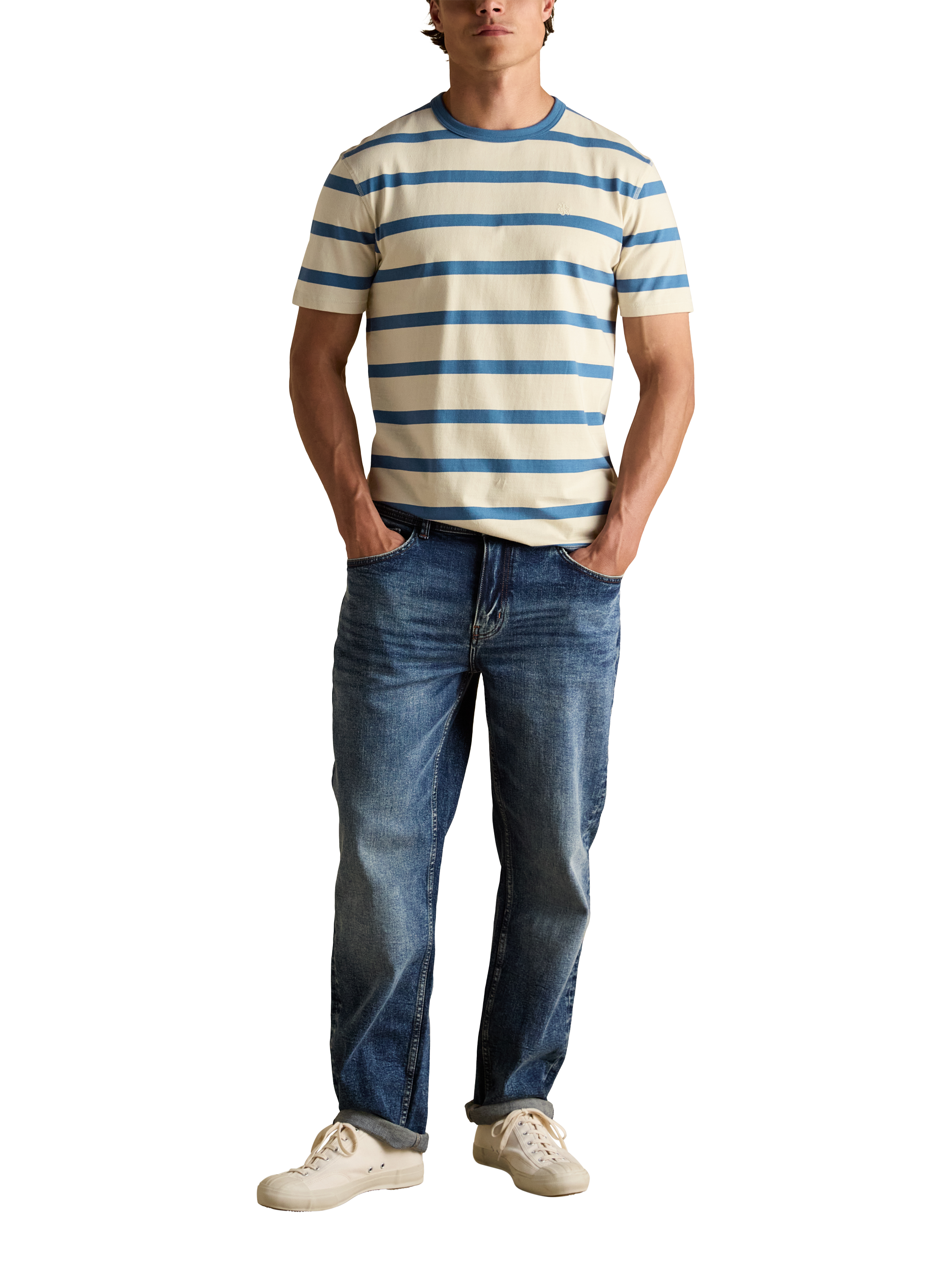 Product image 5 of 7, which shows Joules Cotton Regular Fit Short Sleeve Rugby Club T-Shirt, Cream/Blue, S