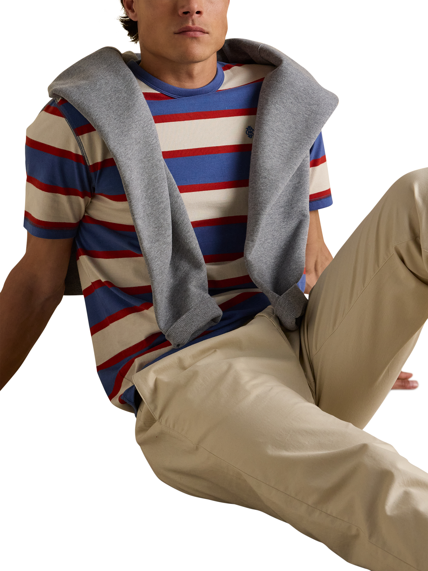 Product image 3 of 8, which shows Joules Cotton Regular Fit Stripe Rugby Club T-Shirt, Red/Blue, S