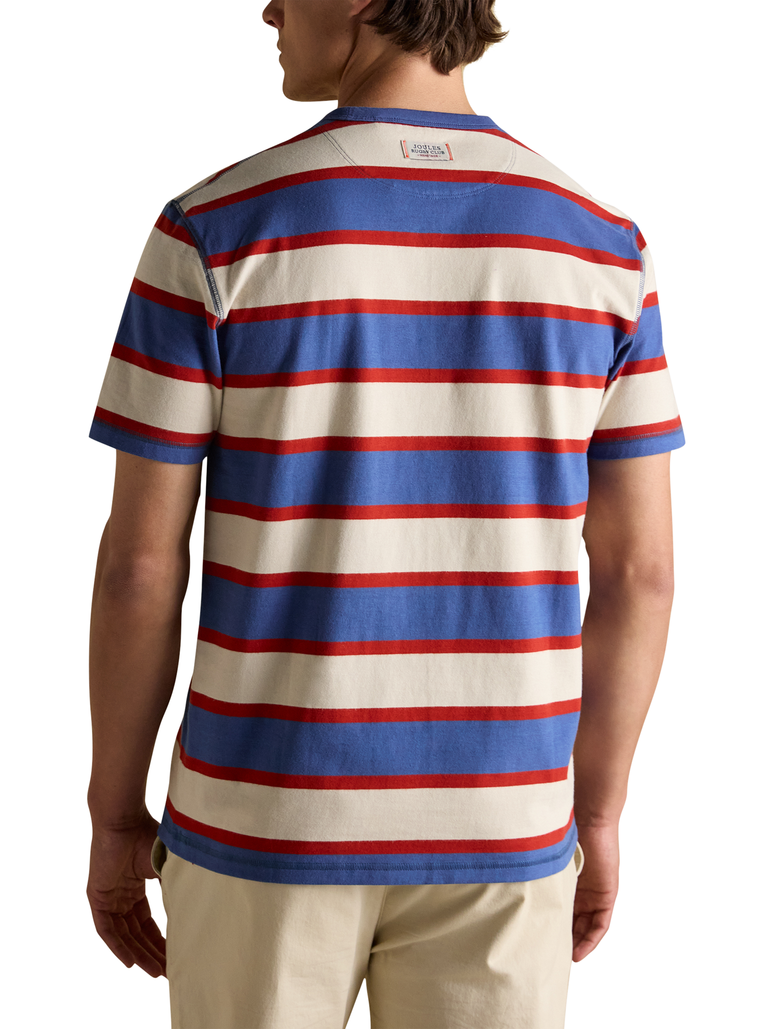 Product image 4 of 8, which shows Joules Cotton Regular Fit Stripe Rugby Club T-Shirt, Red/Blue, S