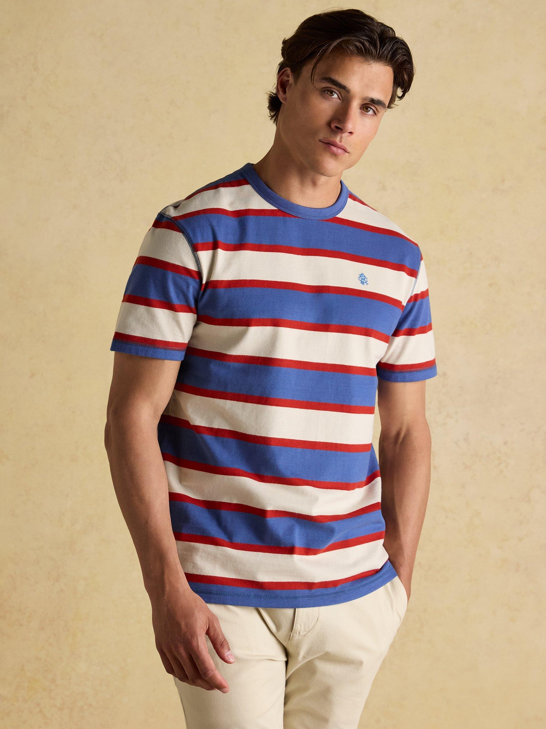 Product image 8 of 8, which shows Joules Cotton Regular Fit Stripe Rugby Club T-Shirt, Red/Blue, S
