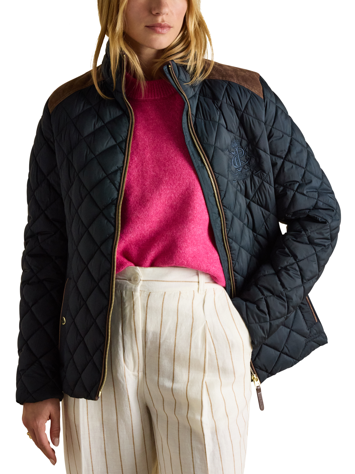 Product image 2 of 8, which shows Joules Braemar Showerproof Diamond Quilted Coat, Navy, 6