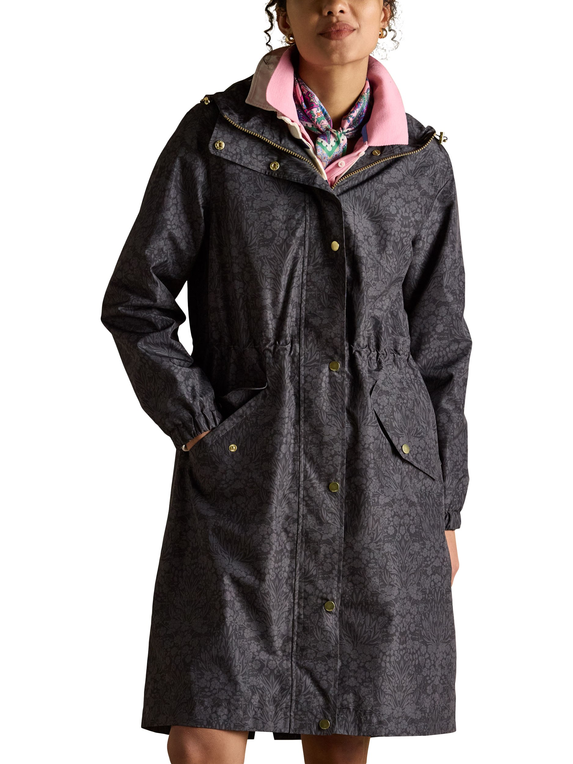 Product image 1 of 8, which shows Joules Holkham Floral Waterproof Packable Raincoat, Black, 6