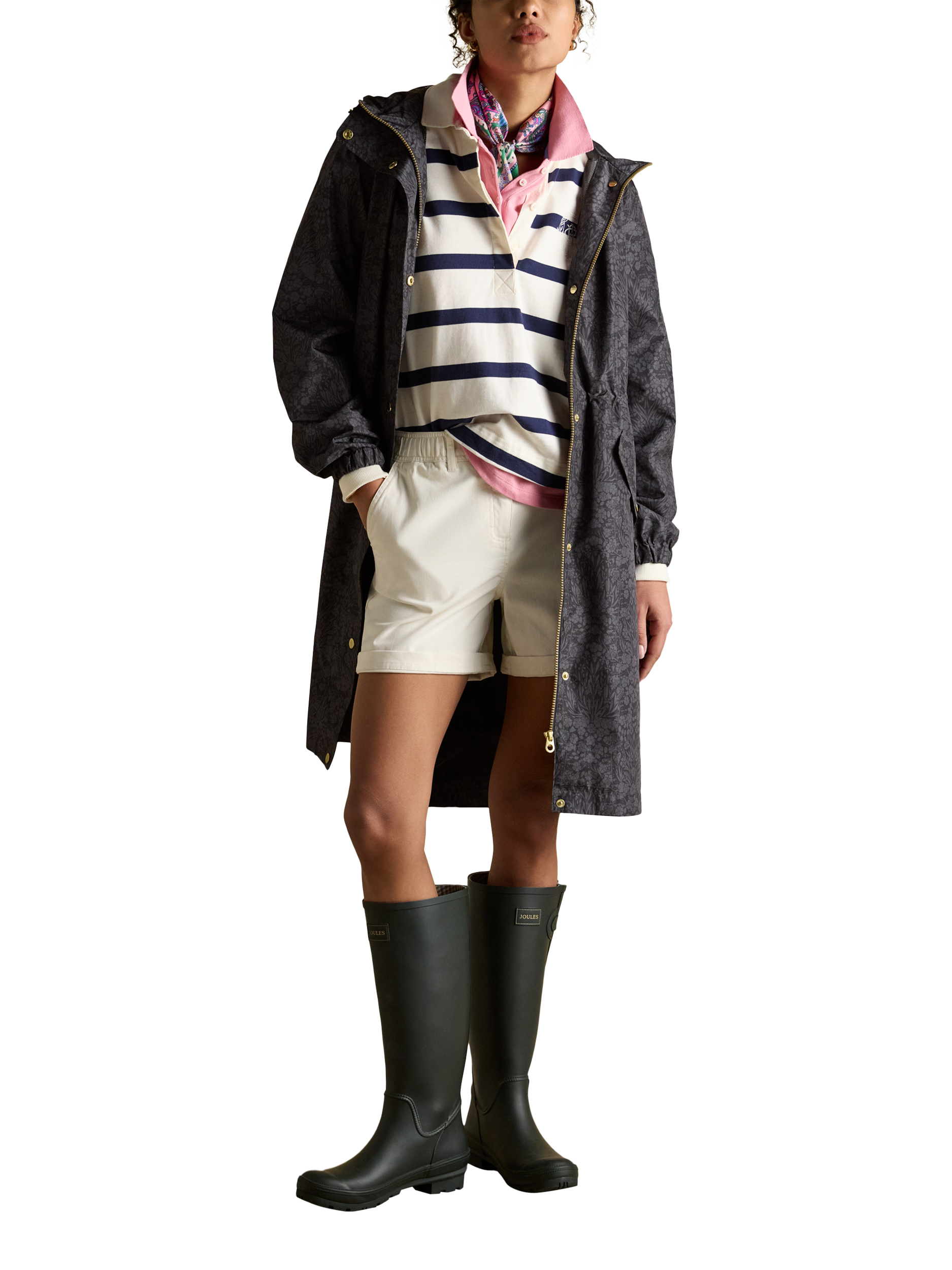 Product image 6 of 8, which shows Joules Holkham Floral Waterproof Packable Raincoat, Black, 6