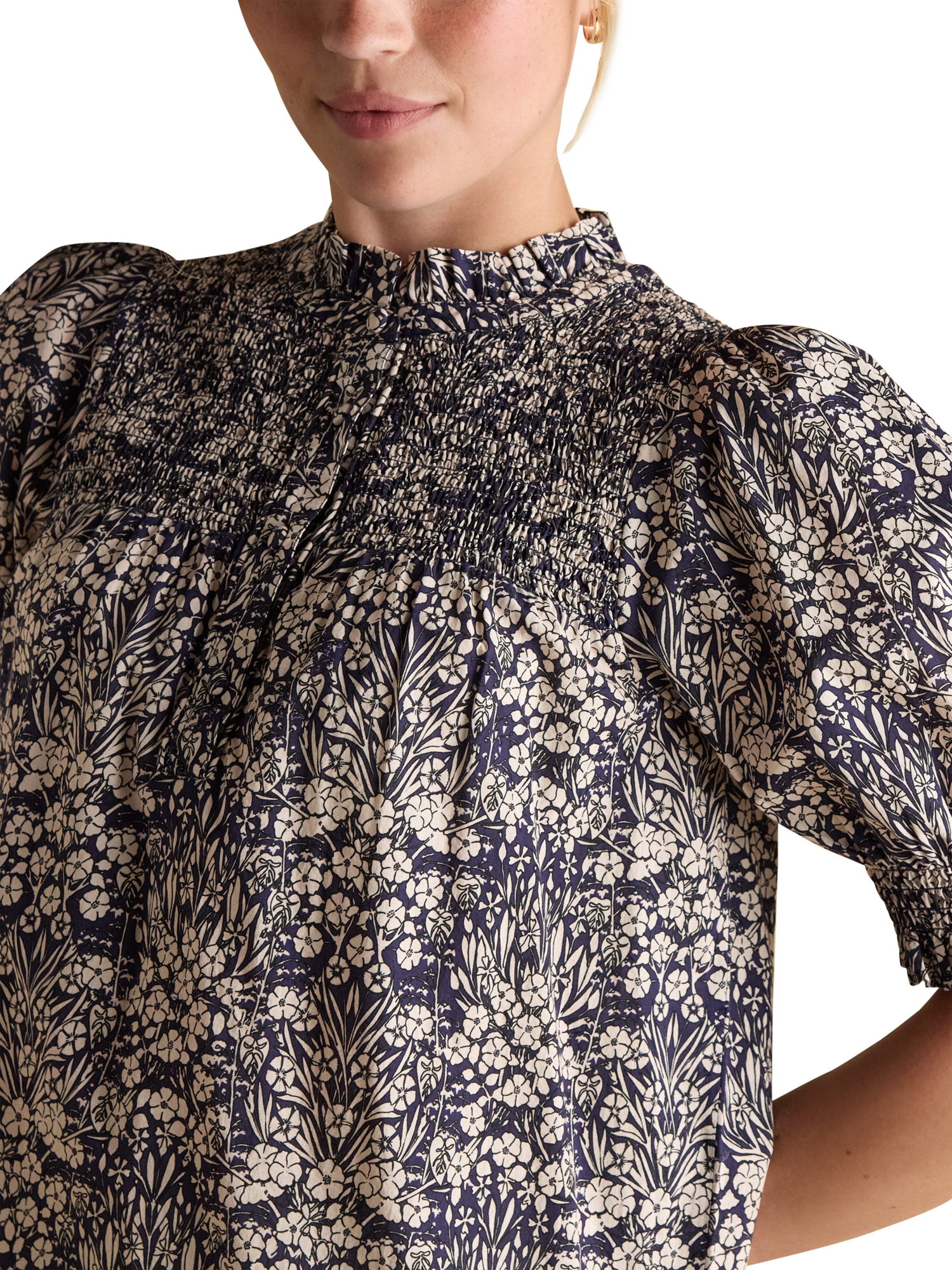 Product image 3 of 6, which shows Joules Silvia Floral Frill Trim Top, Blue/Multi, 6