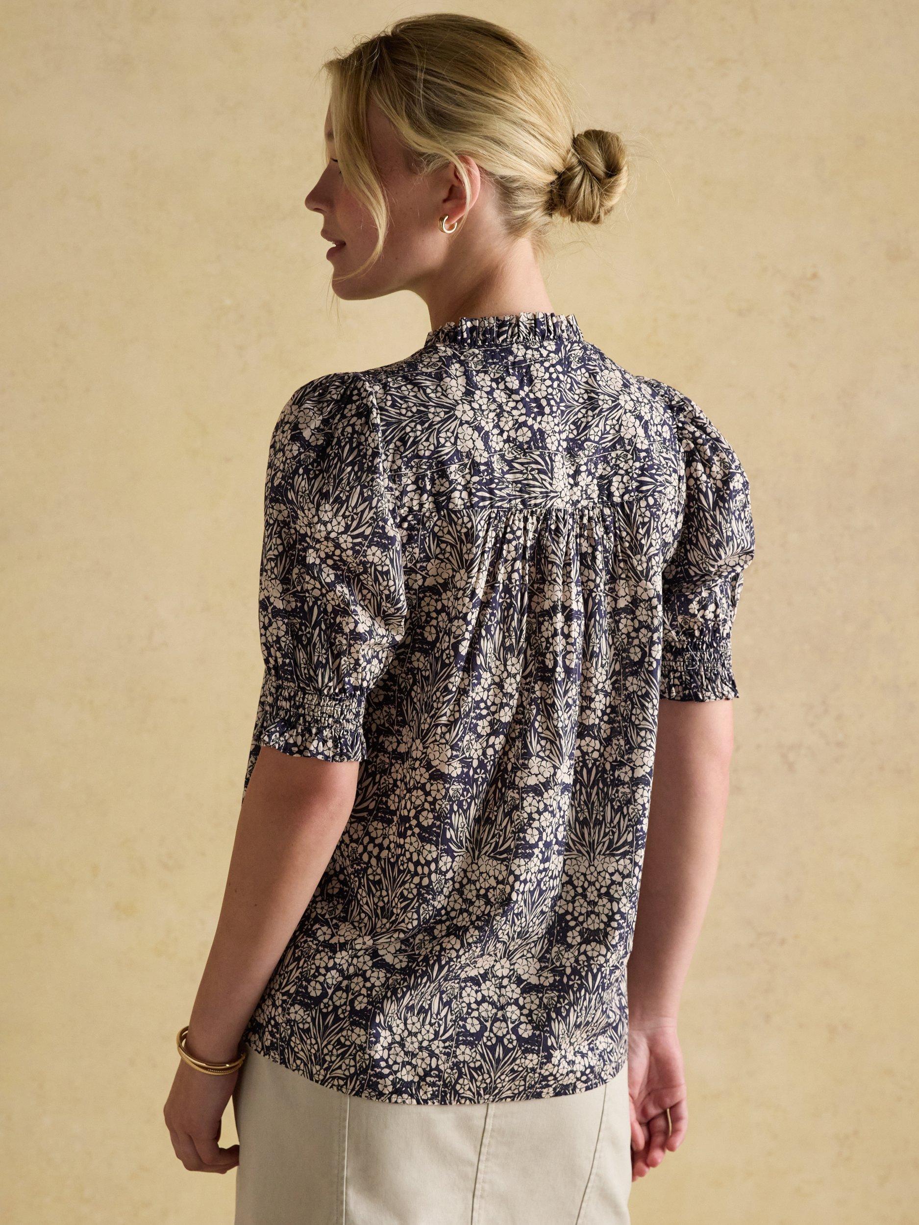 Product image 5 of 6, which shows Joules Silvia Floral Frill Trim Top, Blue/Multi, 6