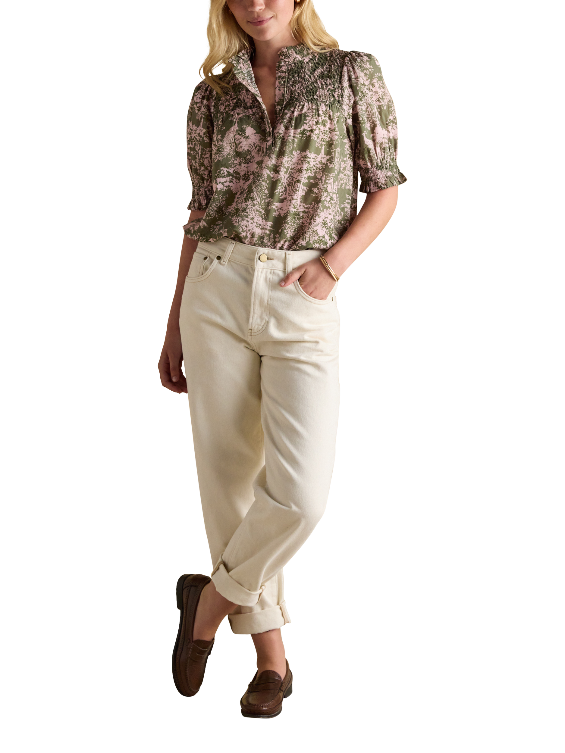 Product image 2 of 9, which shows Joules Silvia Toile Frill Neck Top, Green/Multi, 6