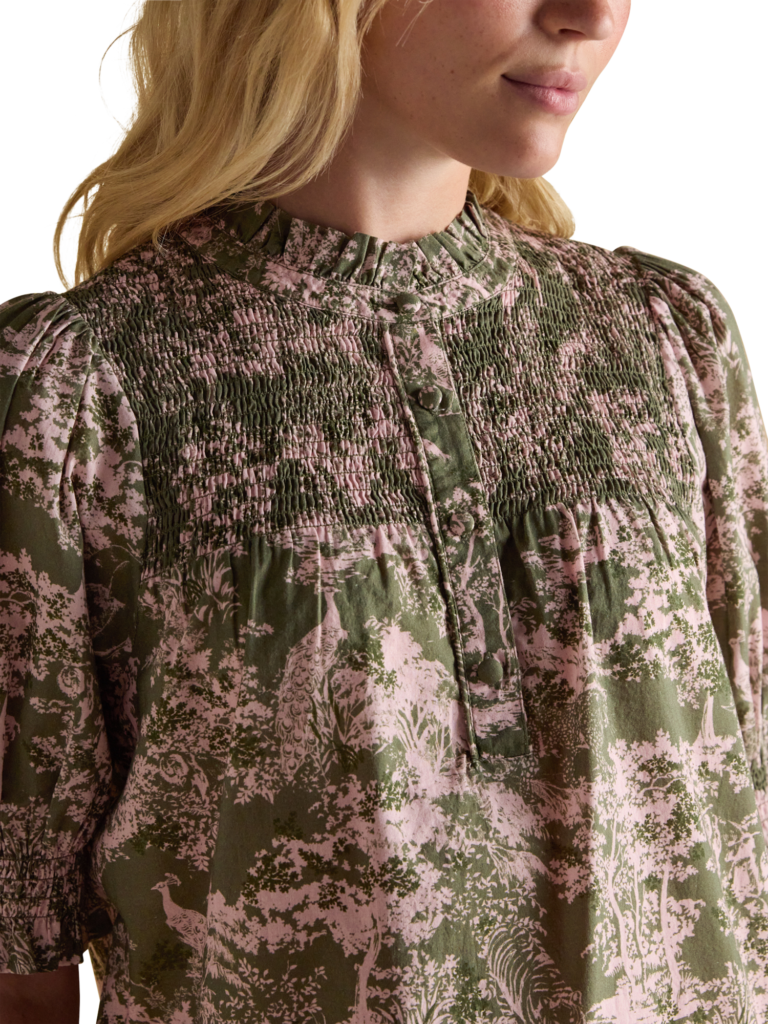 Product image 3 of 9, which shows Joules Silvia Toile Frill Neck Top, Green/Multi, 6