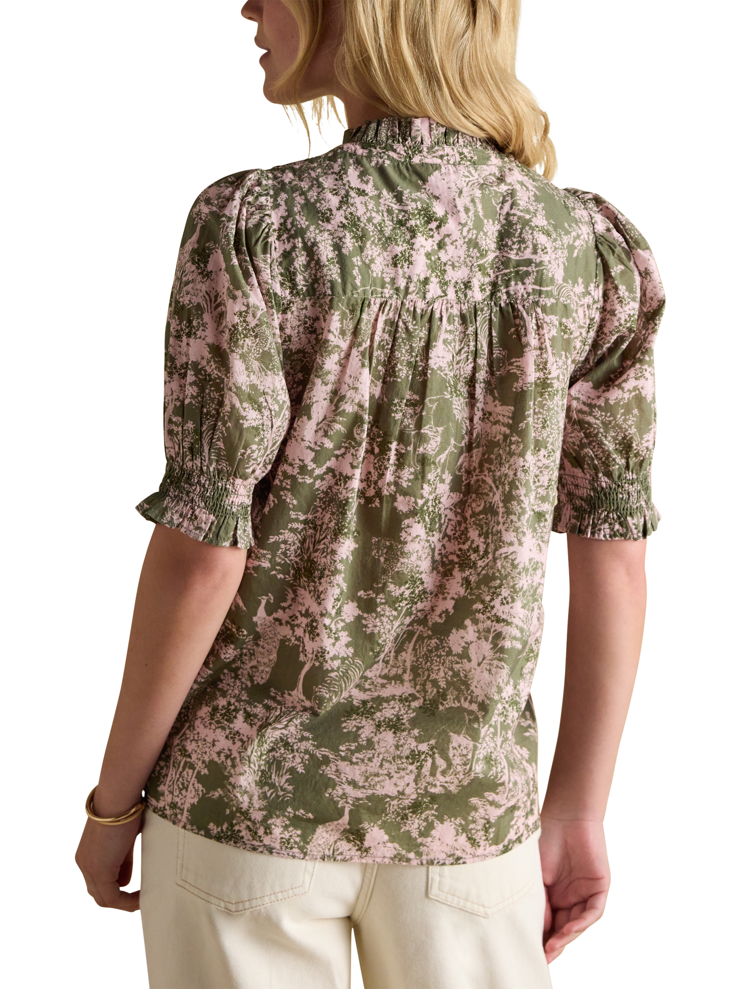 Product image 4 of 9, which shows Joules Silvia Toile Frill Neck Top, Green/Multi, 6