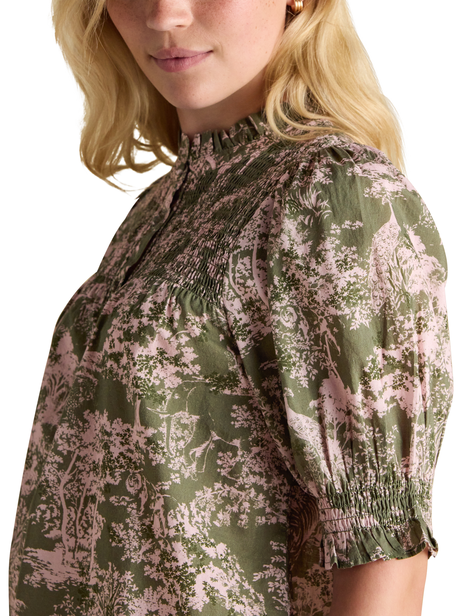 Product image 5 of 9, which shows Joules Silvia Toile Frill Neck Top, Green/Multi, 6