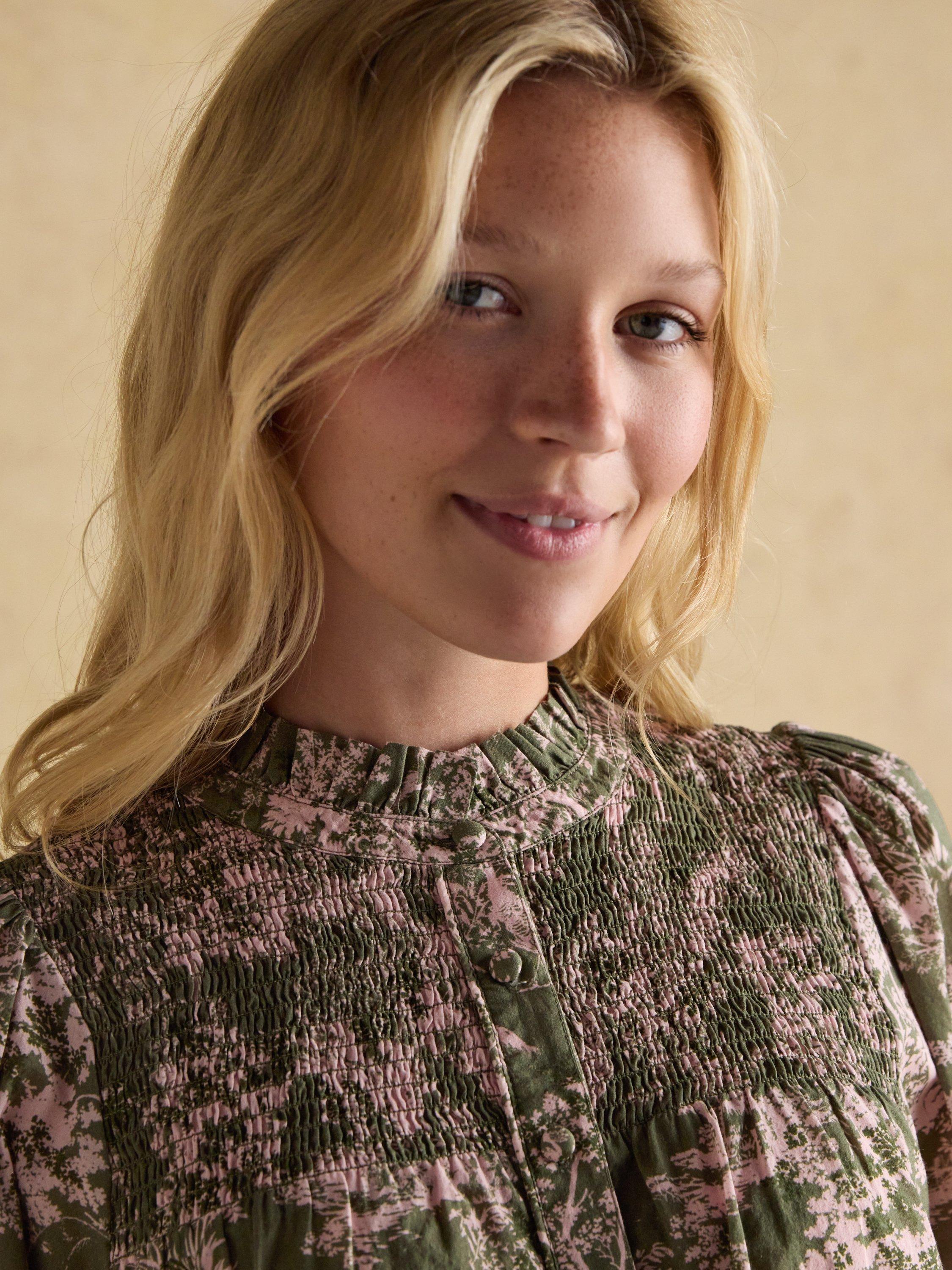 Product image 6 of 9, which shows Joules Silvia Toile Frill Neck Top, Green/Multi, 6