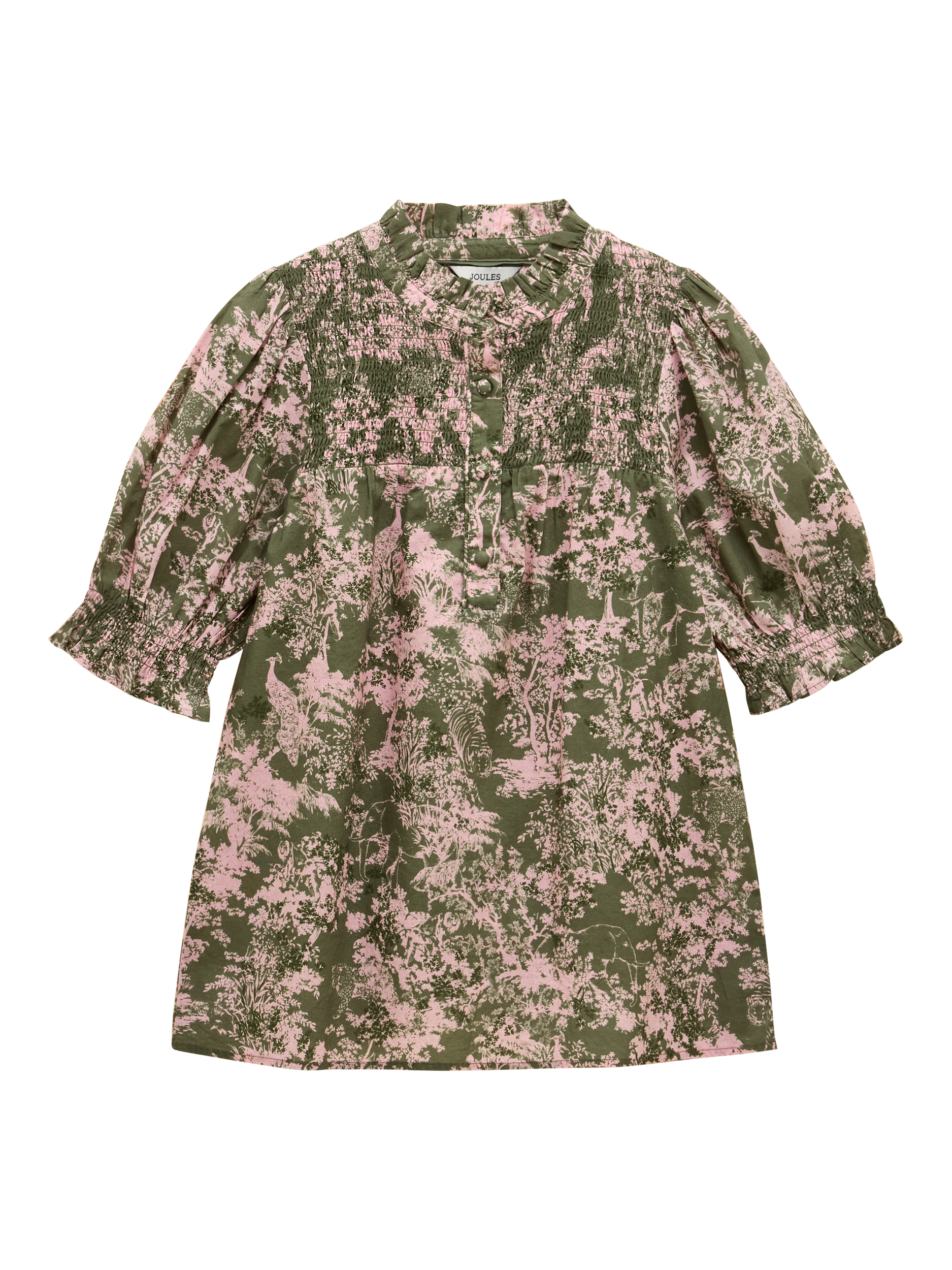 Product image 7 of 9, which shows Joules Silvia Toile Frill Neck Top, Green/Multi, 6