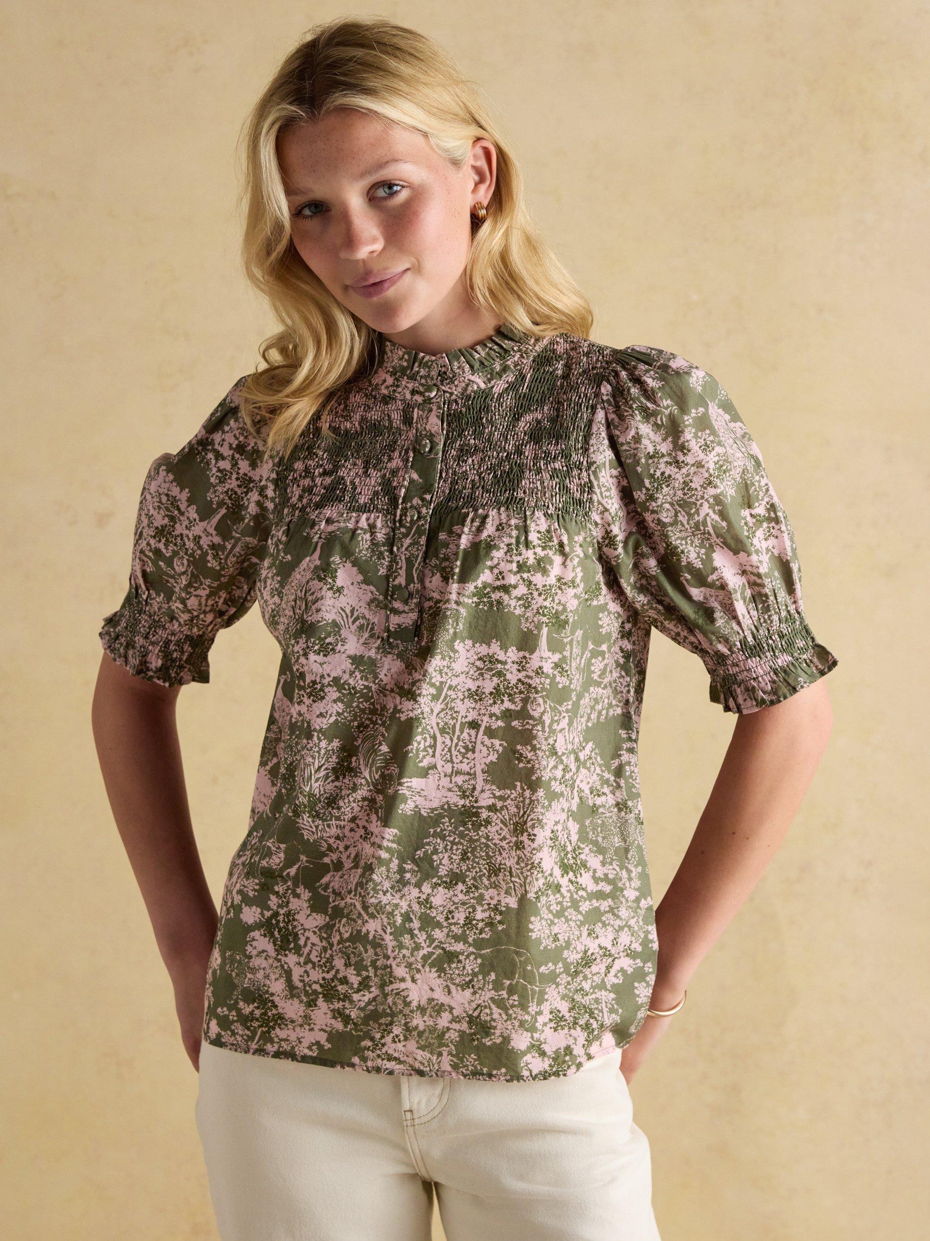 Product image 9 of 9, which shows Joules Silvia Toile Frill Neck Top, Green/Multi, 6