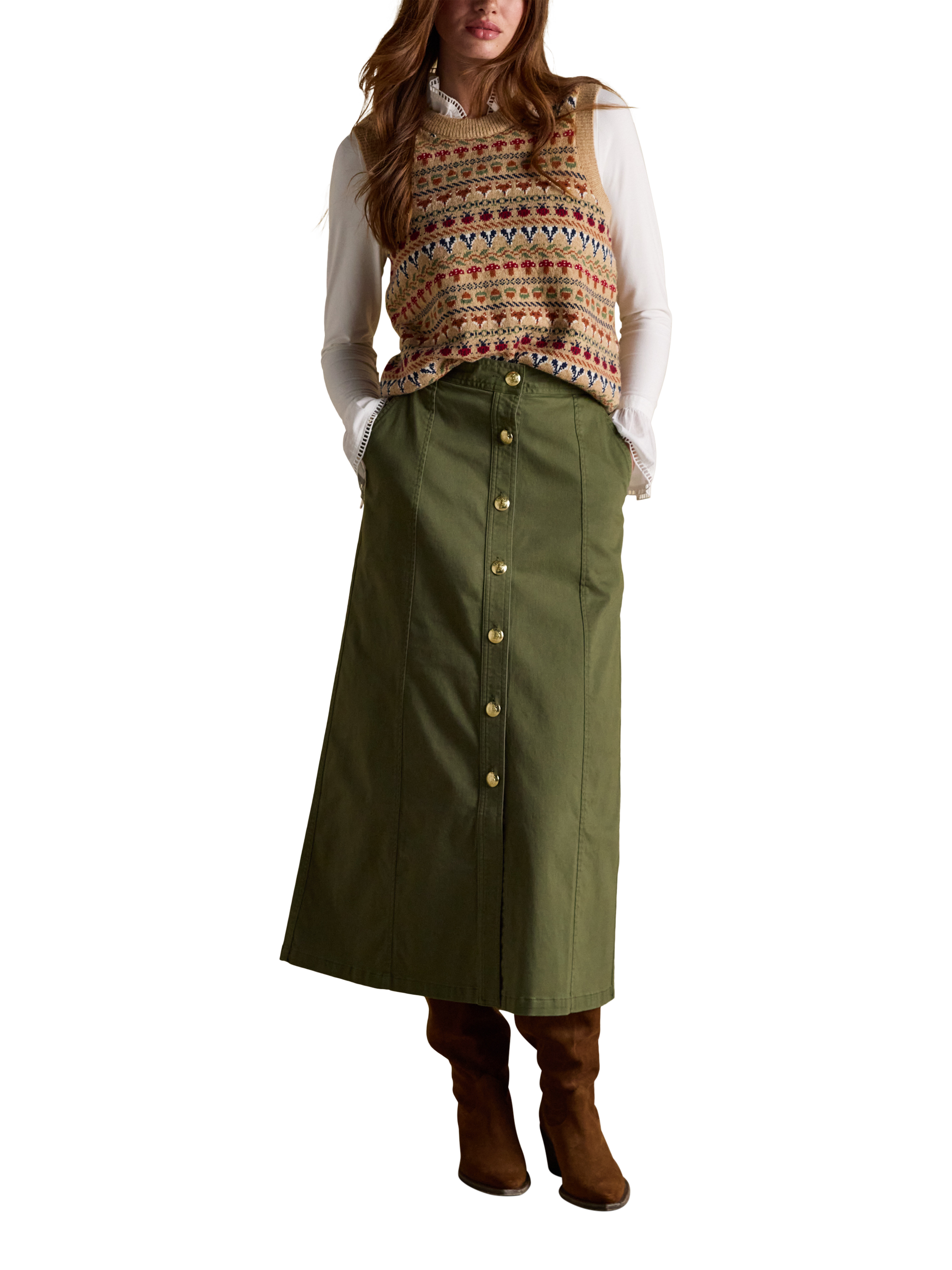 Product image 1 of 5, which shows Joules Twyla Chino Midi Skirt, Khaki Green, 8