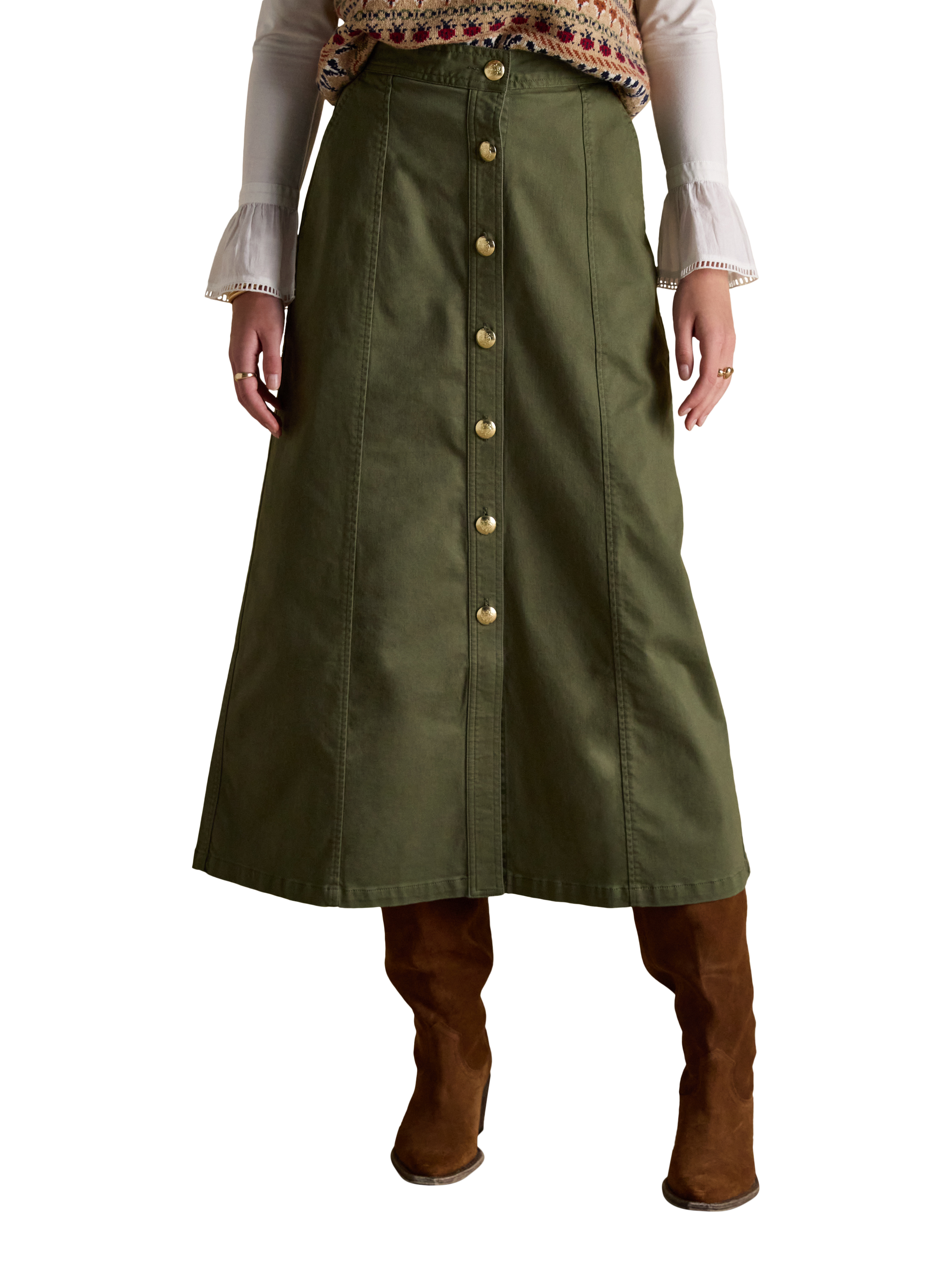 Product image 2 of 5, which shows Joules Twyla Chino Midi Skirt, Khaki Green, 8