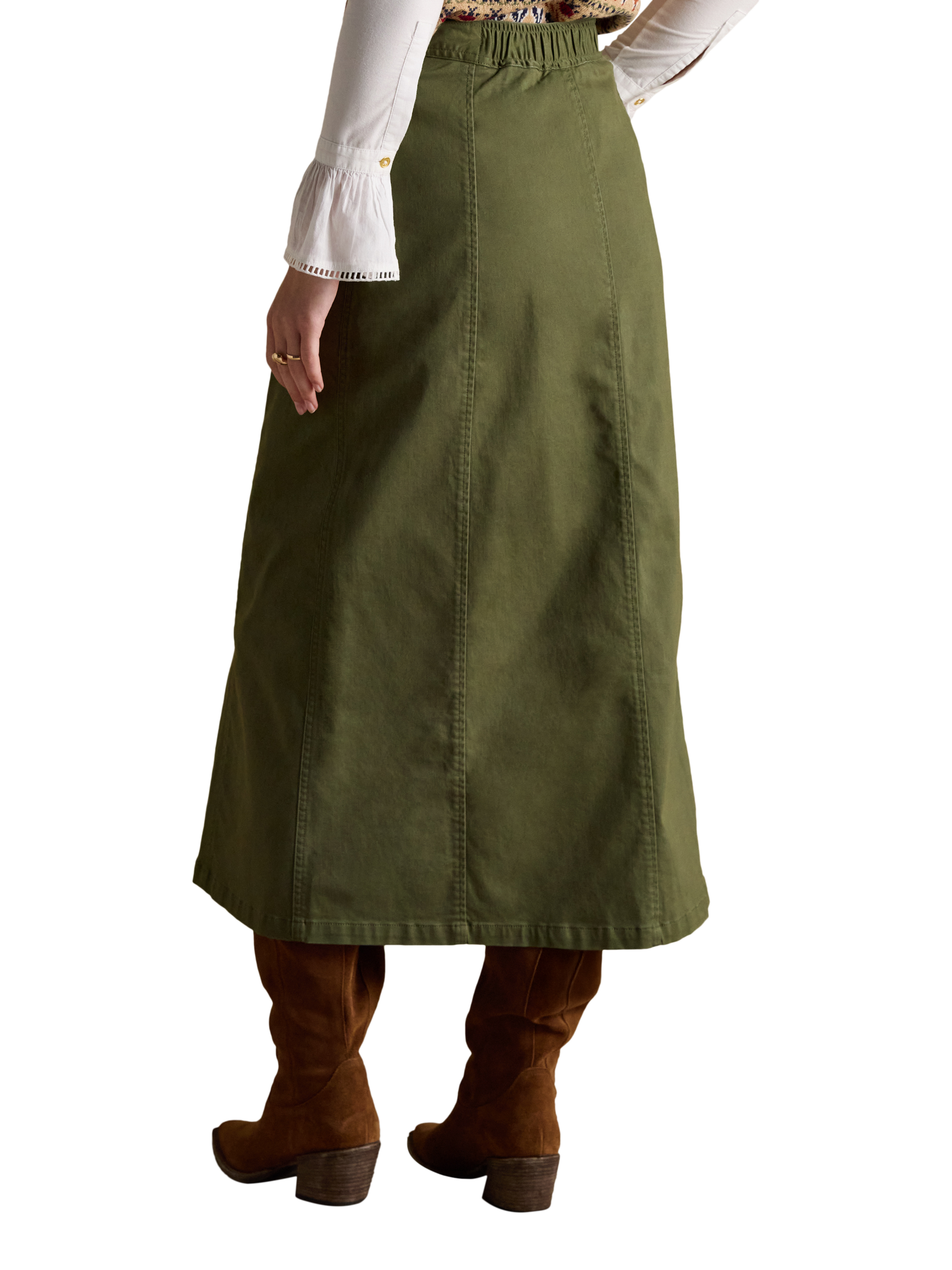 Product image 3 of 5, which shows Joules Twyla Chino Midi Skirt, Khaki Green, 8