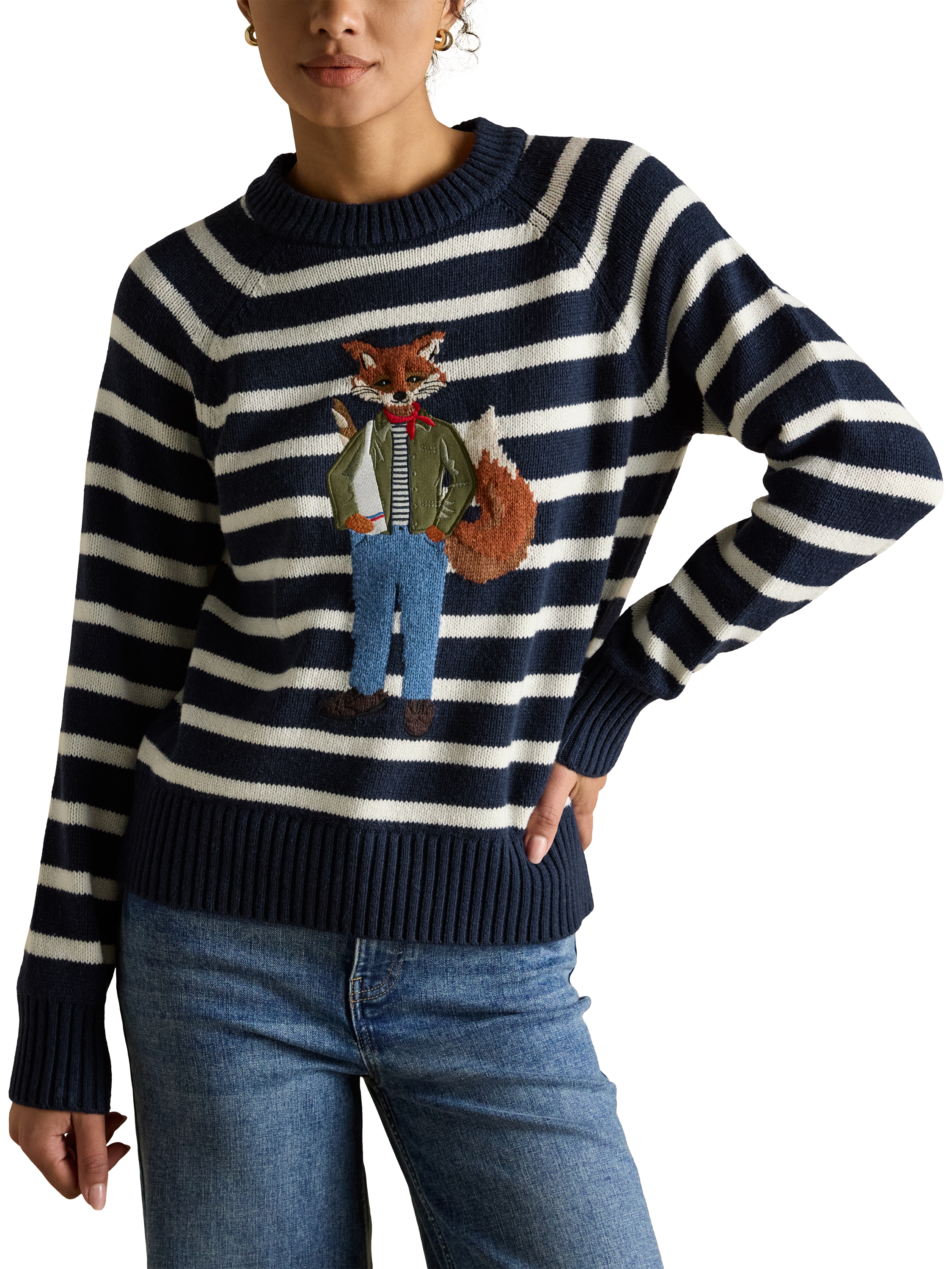 Product image 1 of 6, which shows Joules Renard Fox Stripe Jumper, Navy, XS