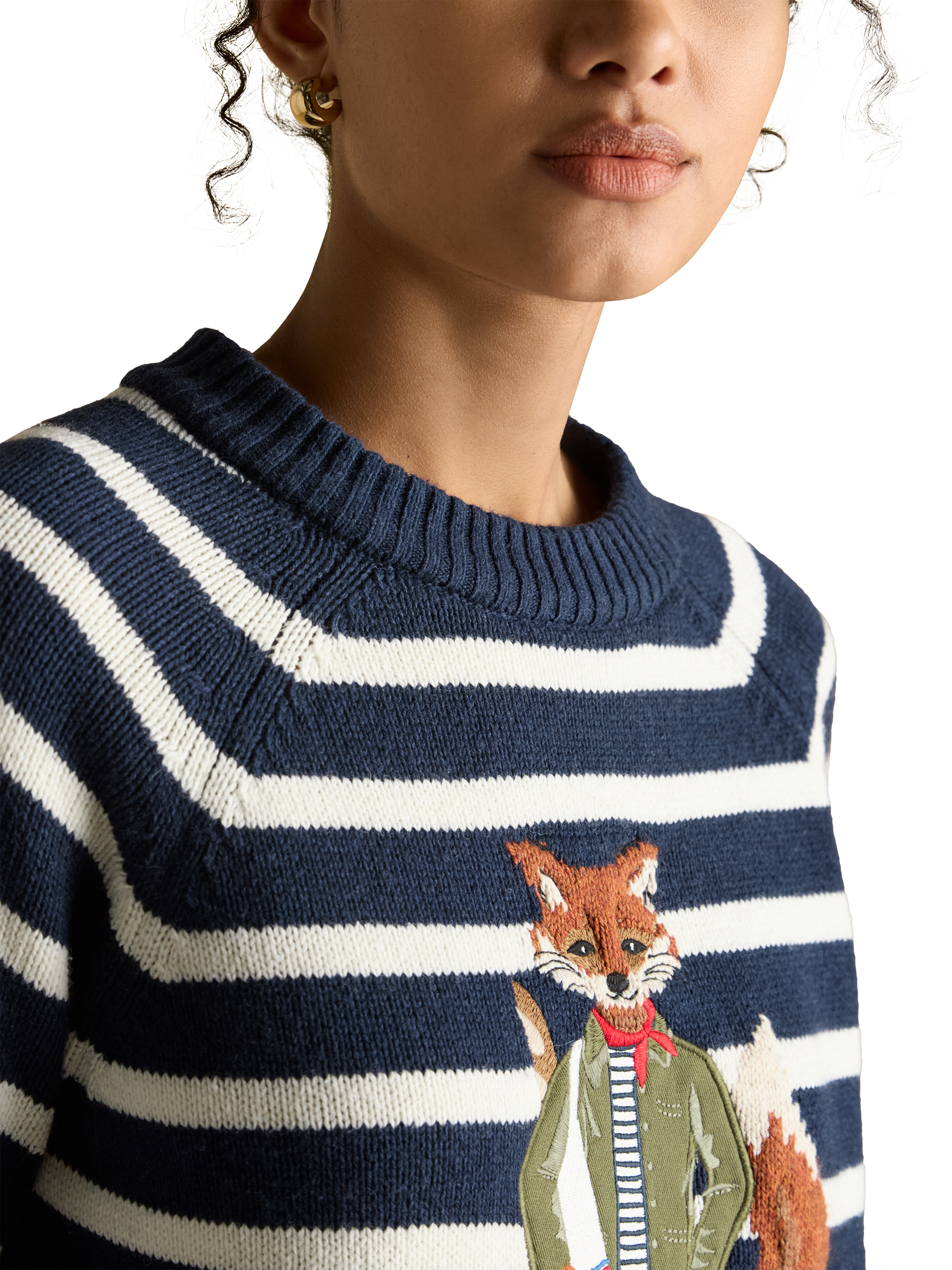 Product image 2 of 6, which shows Joules Renard Fox Stripe Jumper, Navy, XS