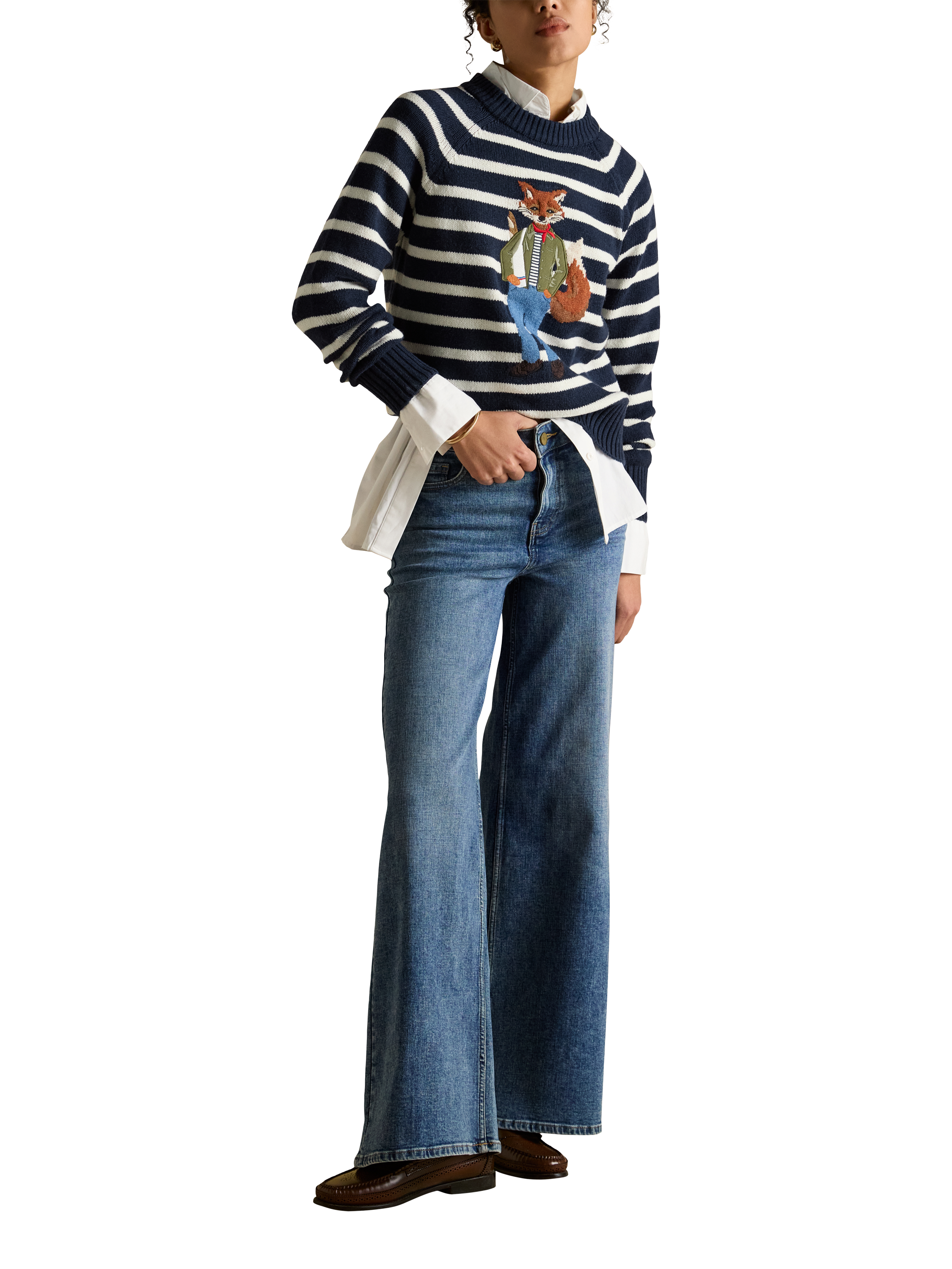 Product image 5 of 6, which shows Joules Renard Fox Stripe Jumper, Navy, XS