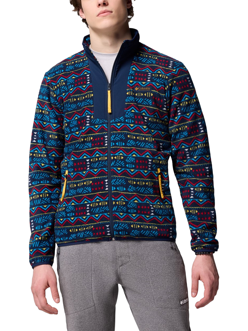 Product image 1 of 4, which shows Columbia Sequoia Grove Zip Front Printed Fleece Jacket, Collegiate Navy Horizons, S