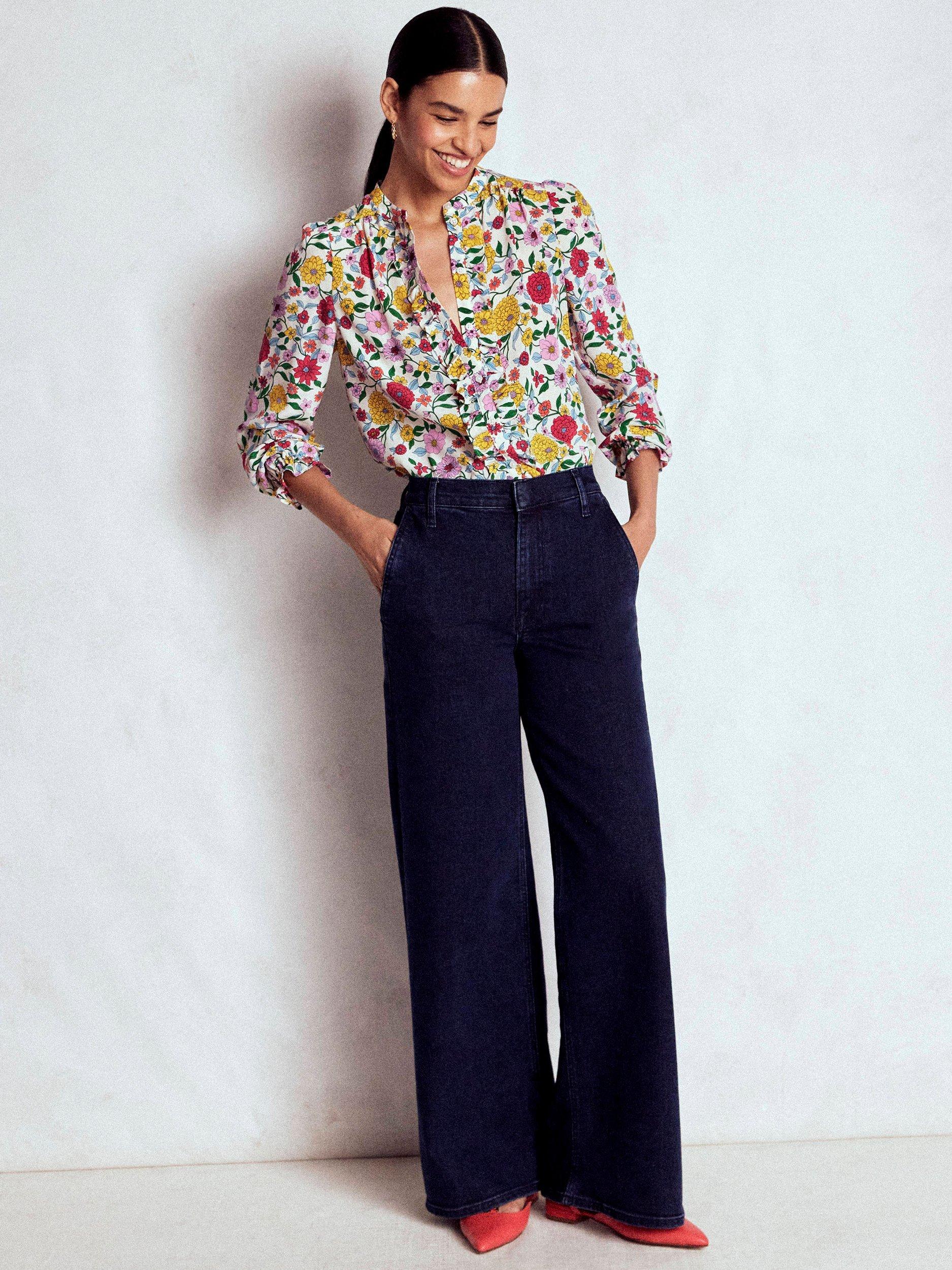 Boden Alice Floral Print Frill Front Silk Top