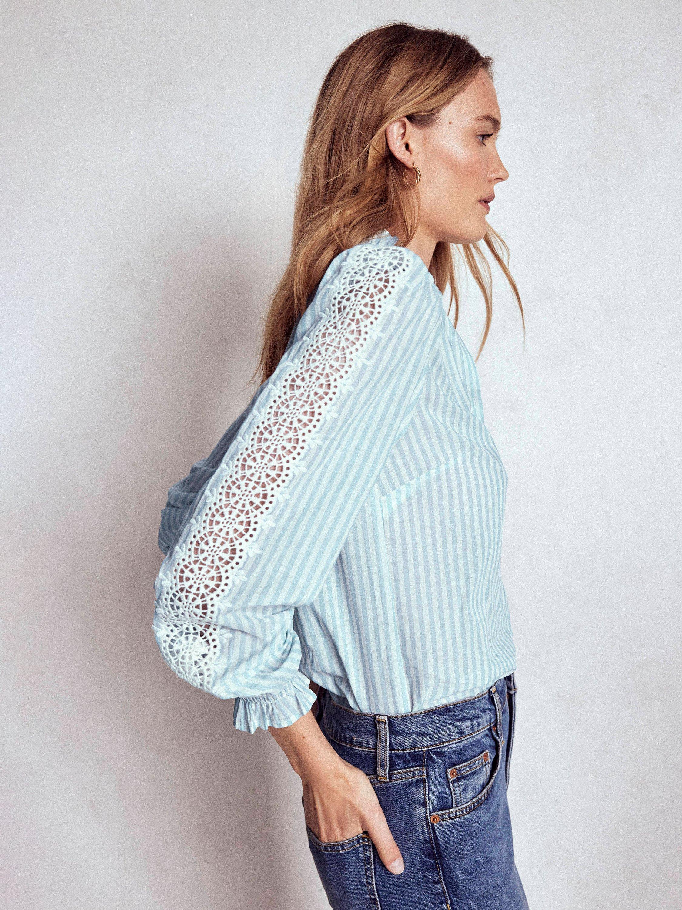 Product image 2 of 6, which shows Boden Lorna Stripe Pleated Top, Blue/Ivory, 12
