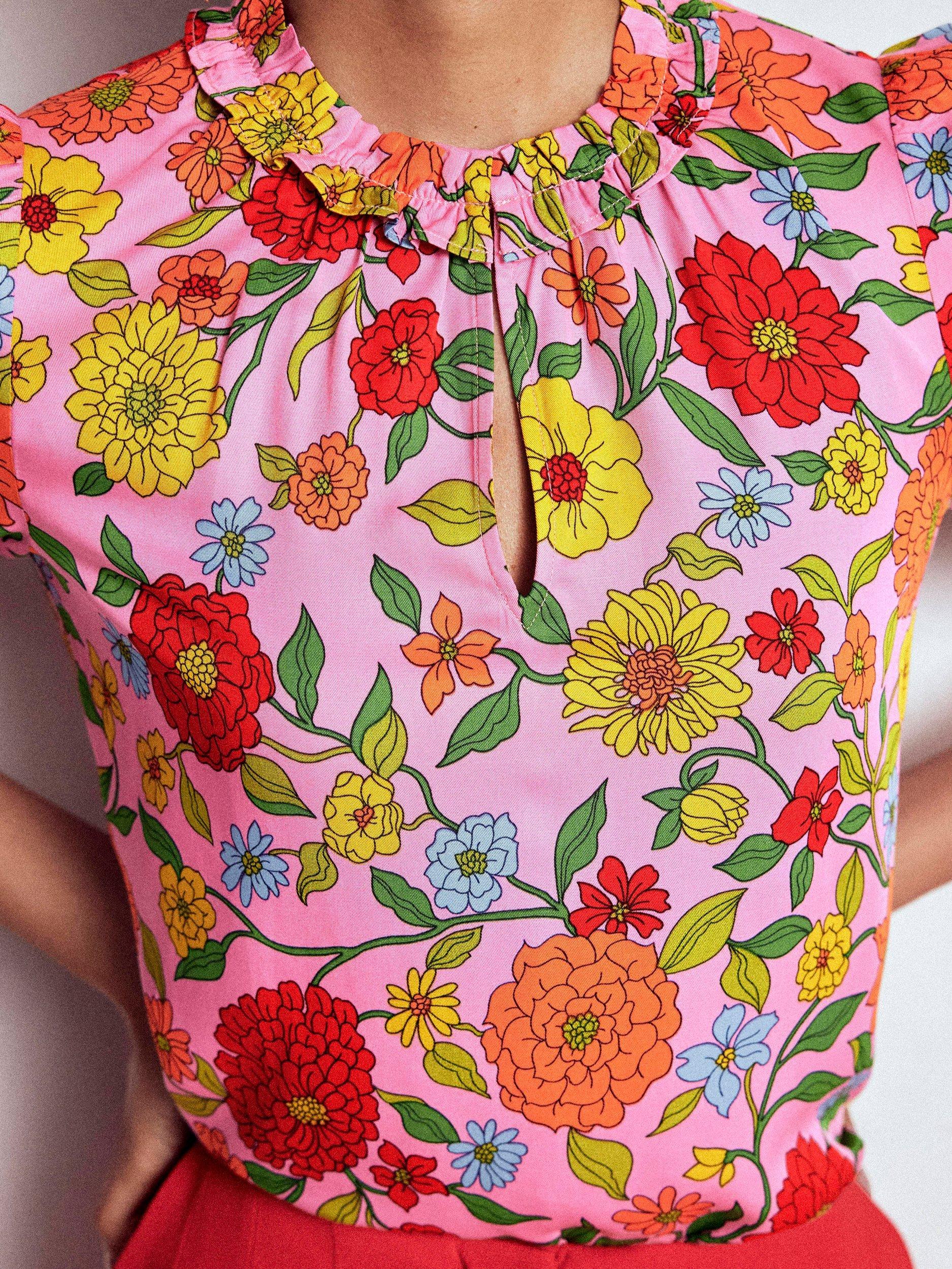 Product image 2 of 5, which shows Boden Ria Floral Puff Sleeve V Neck Blouse, Pink/Multi, 8