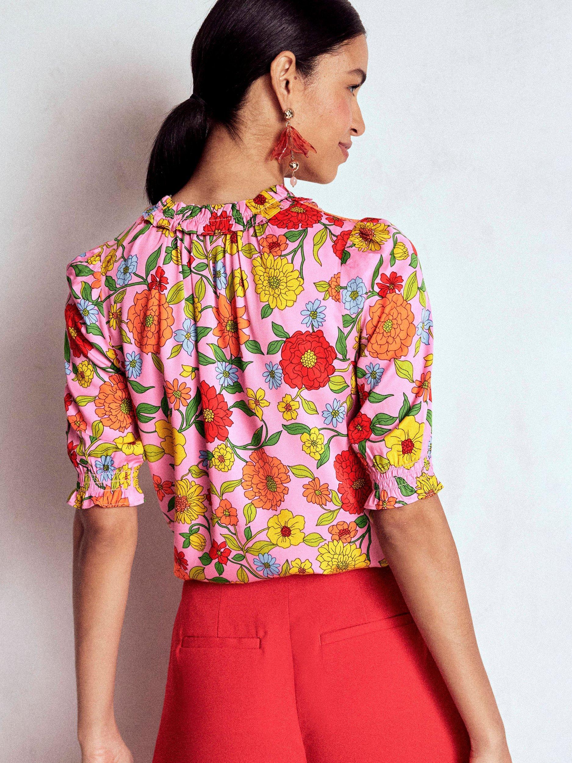 Product image 3 of 5, which shows Boden Ria Floral Puff Sleeve V Neck Blouse, Pink/Multi, 8