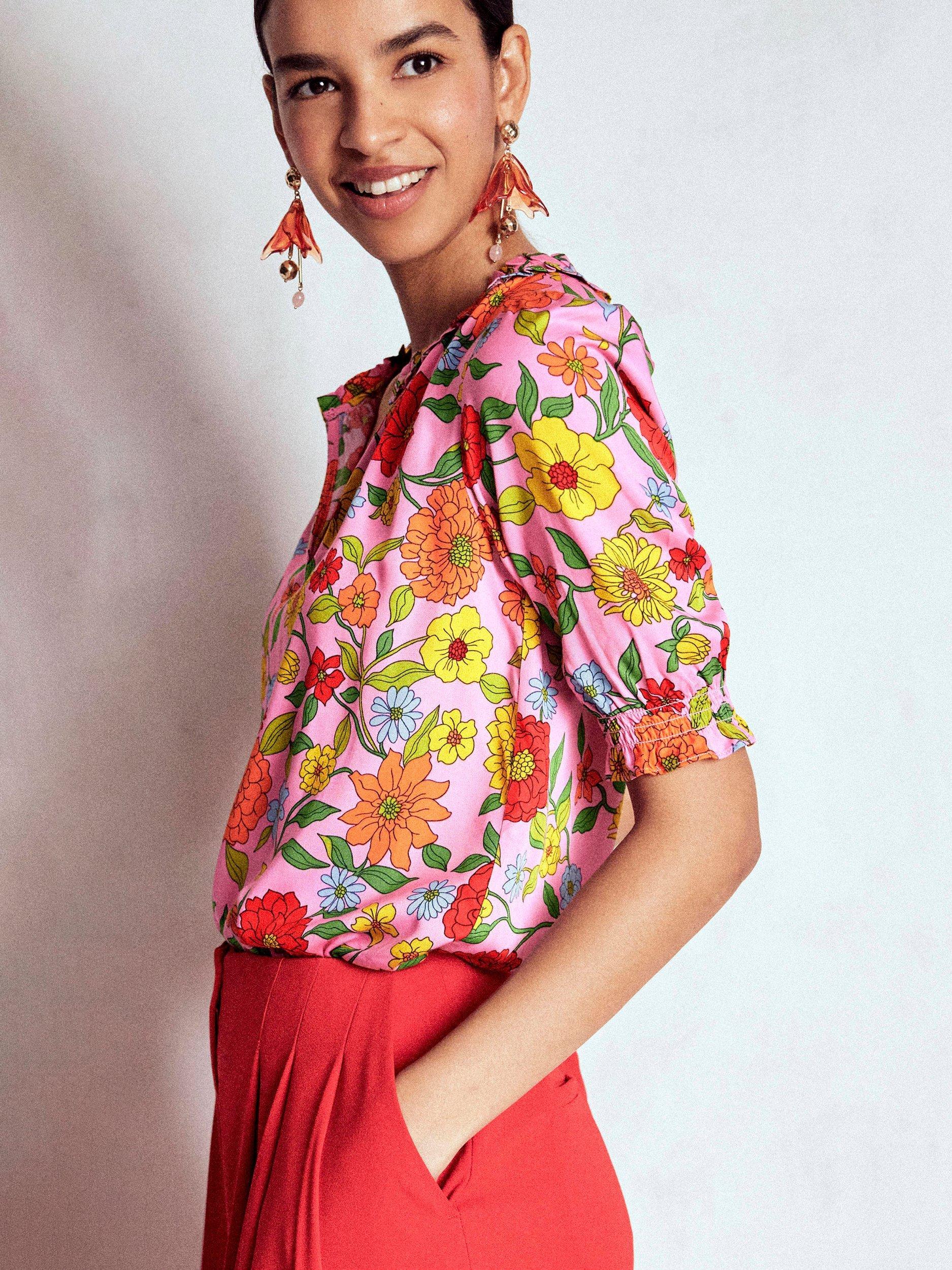 Product image 4 of 5, which shows Boden Ria Floral Puff Sleeve V Neck Blouse, Pink/Multi, 8
