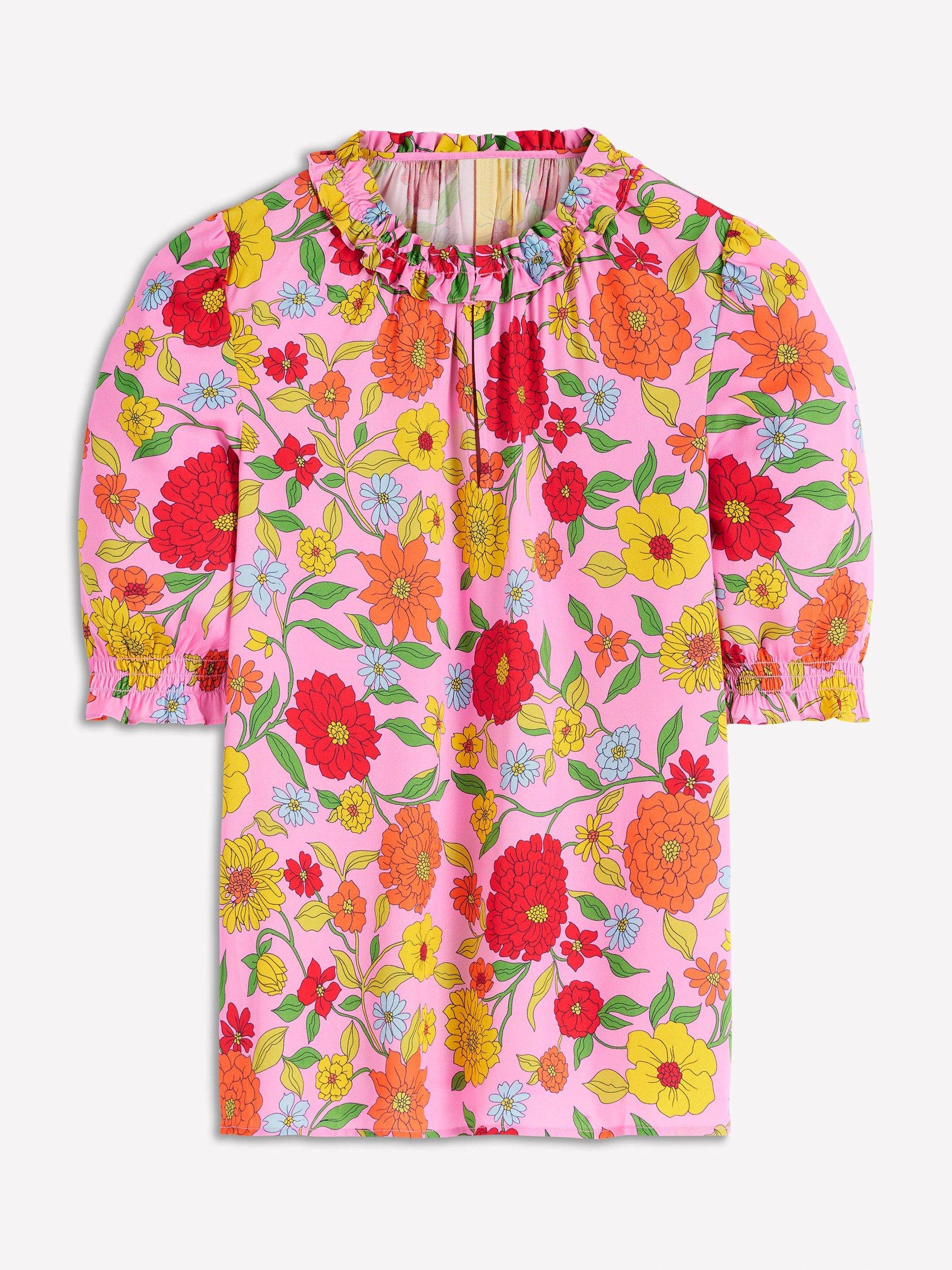 Product image 5 of 5, which shows Boden Ria Floral Puff Sleeve V Neck Blouse, Pink/Multi, 8