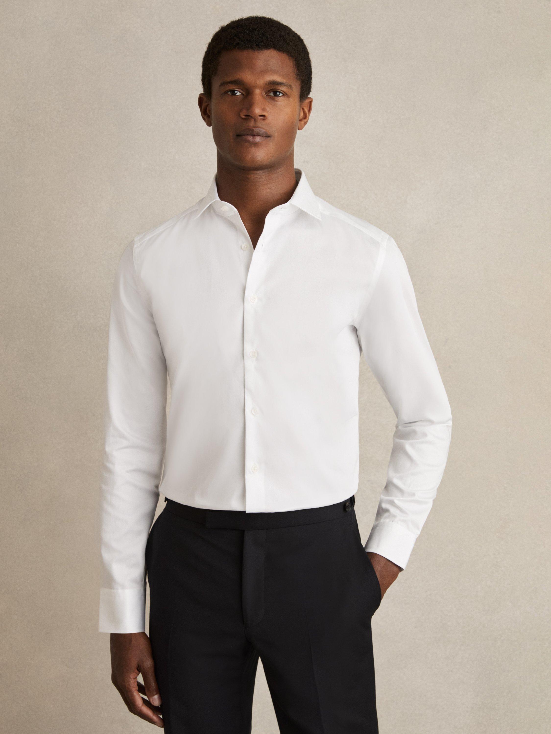 Product image 1 of 5, which shows Reiss Remote Slim Fit Cotton Satin Shirt, White, XS