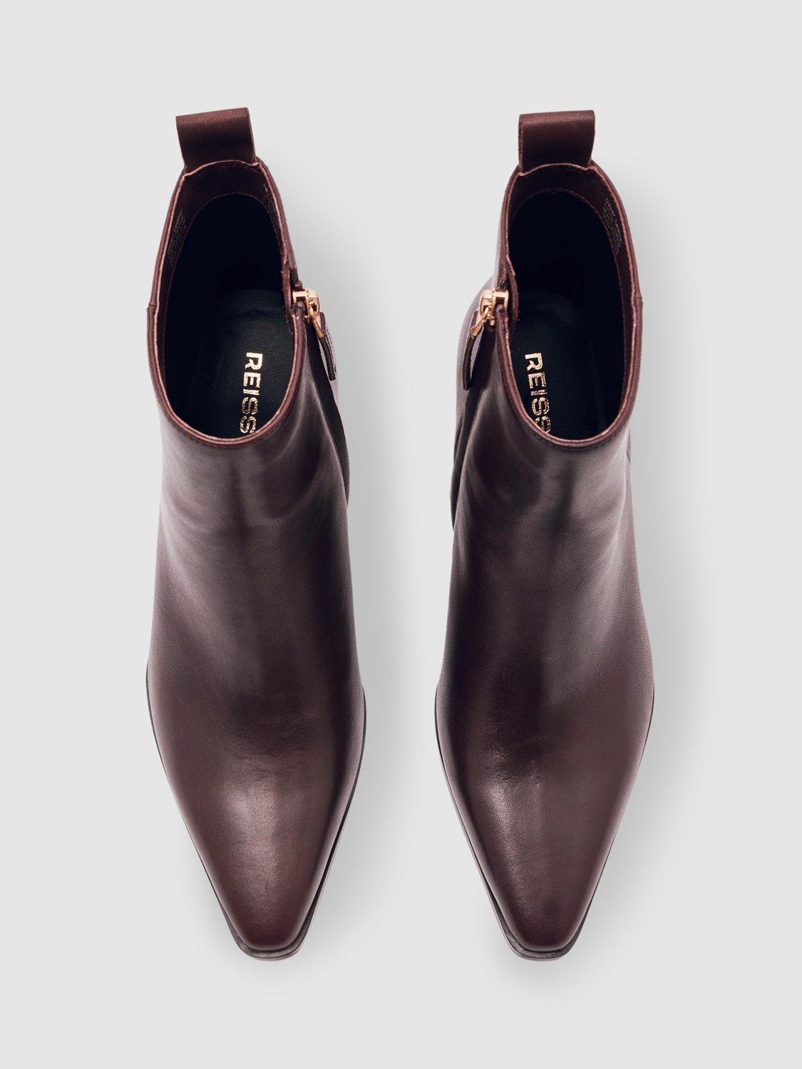 Product image 4 of 5, which shows Reiss Amy Leather Pointed Ankle Boots, Oxblood, 3