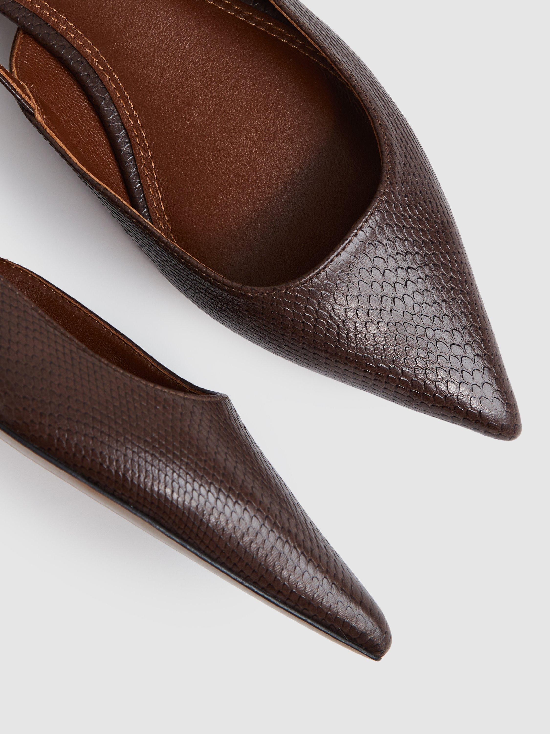 Product image 2 of 4, which shows Reiss Aubrey Pointed Leather Pumps, Chocolate, 3