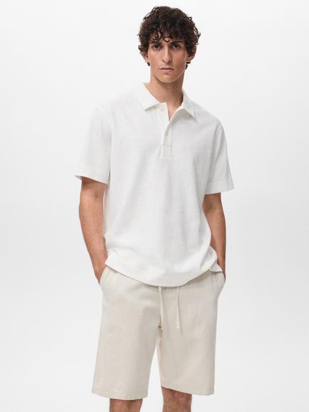 Mango Bambula Short Sleeve Cotton Blend Knit Polo Shirt, Natural White, Natural White