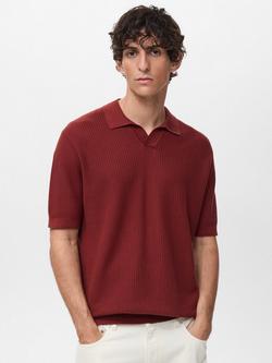 Mango Cotton Ribbed Knit Short Sleeve Polo Shirt, Dark Red