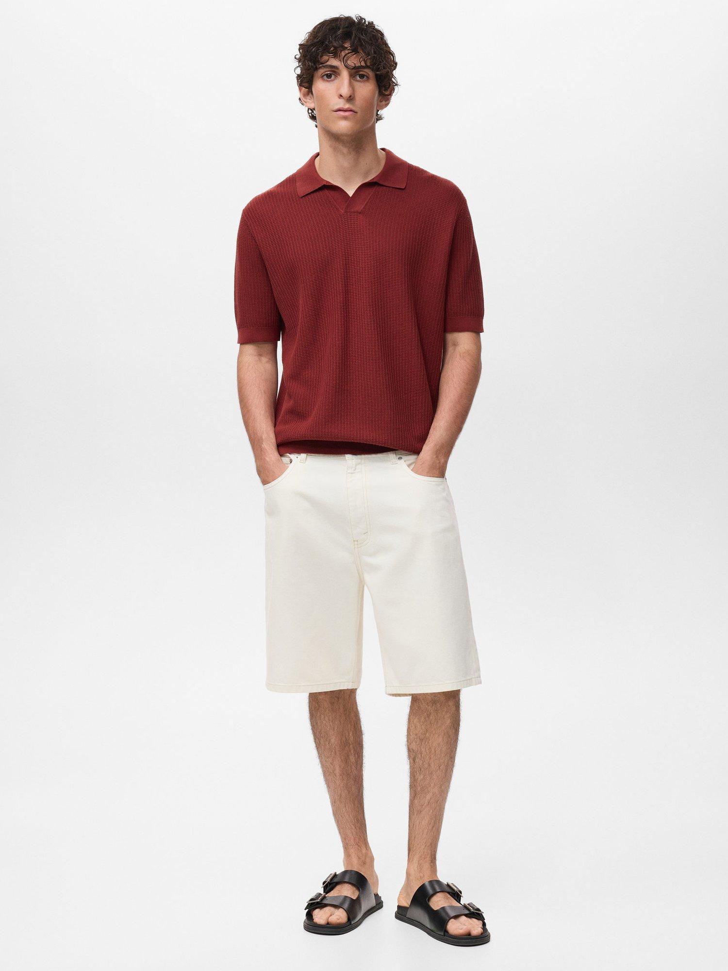 Product image 2 of 8, which shows Mango Cotton Ribbed Knit Short Sleeve Polo Shirt, Dark Red, S