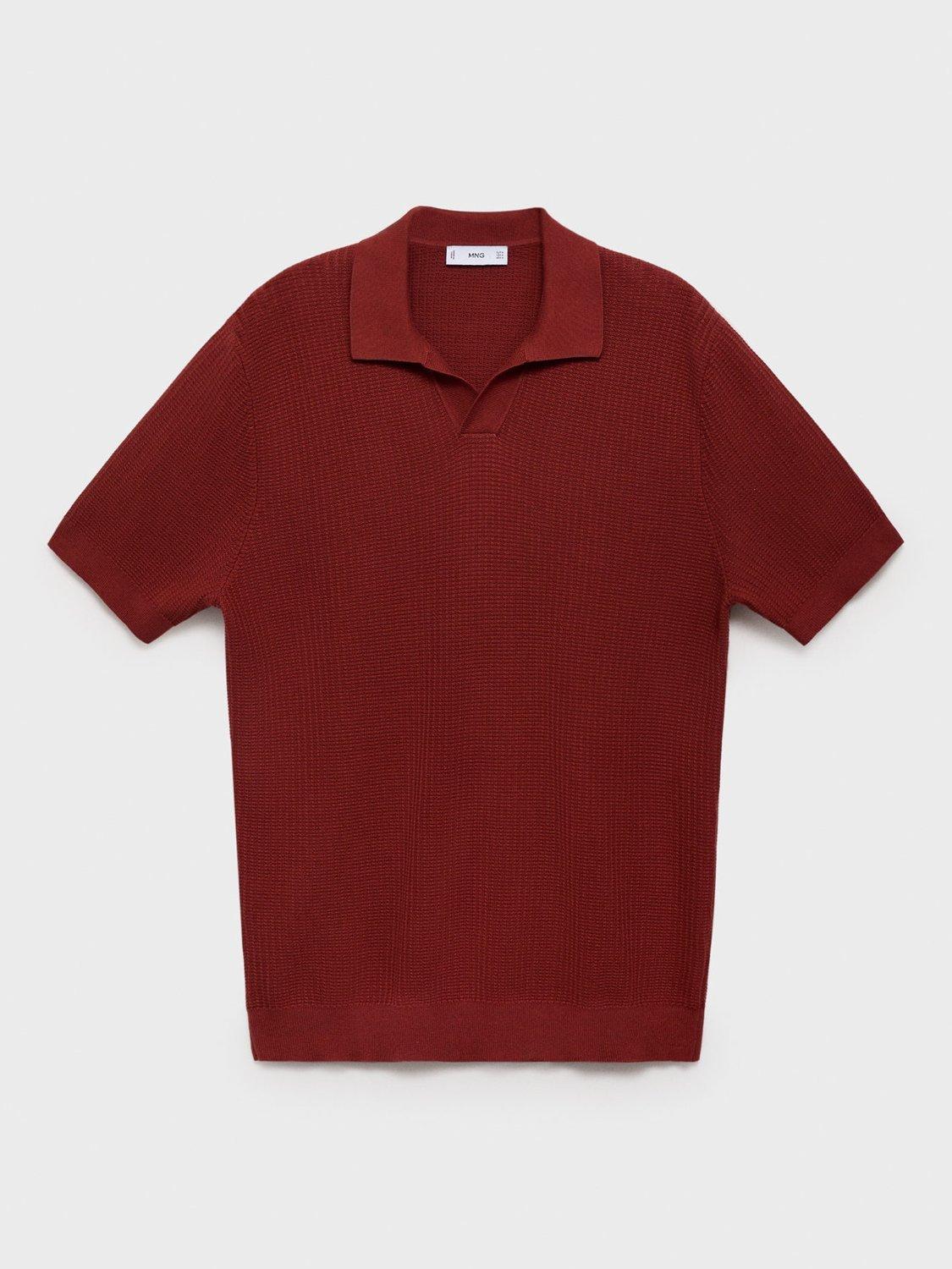 Product image 3 of 8, which shows Mango Cotton Ribbed Knit Short Sleeve Polo Shirt, Dark Red, S
