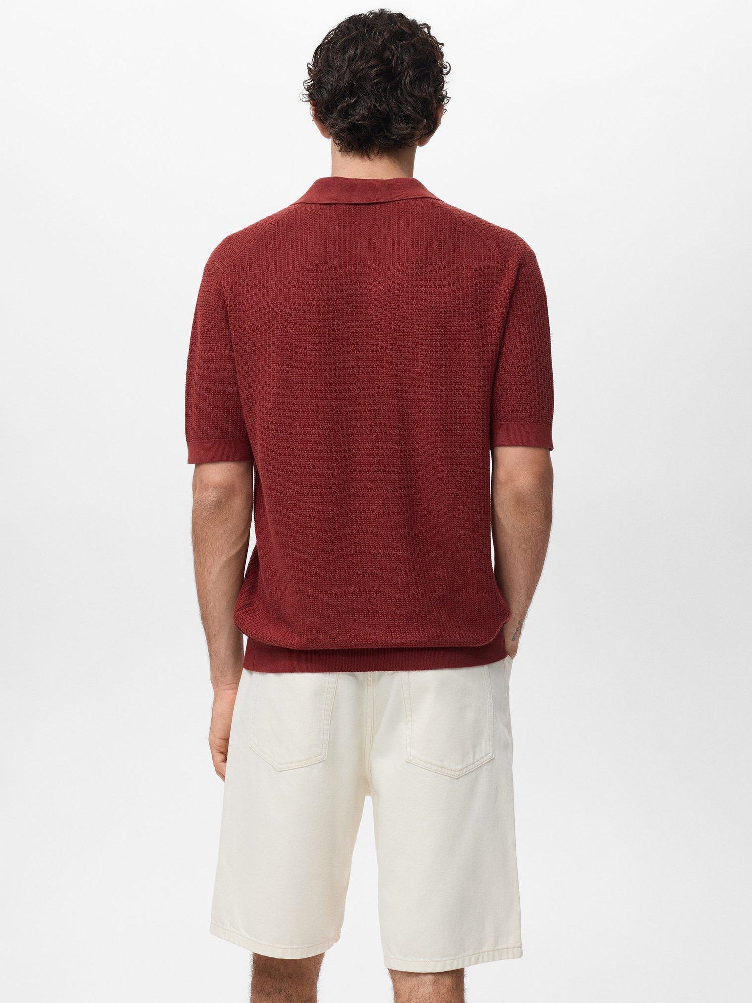 Product image 4 of 8, which shows Mango Cotton Ribbed Knit Short Sleeve Polo Shirt, Dark Red, S