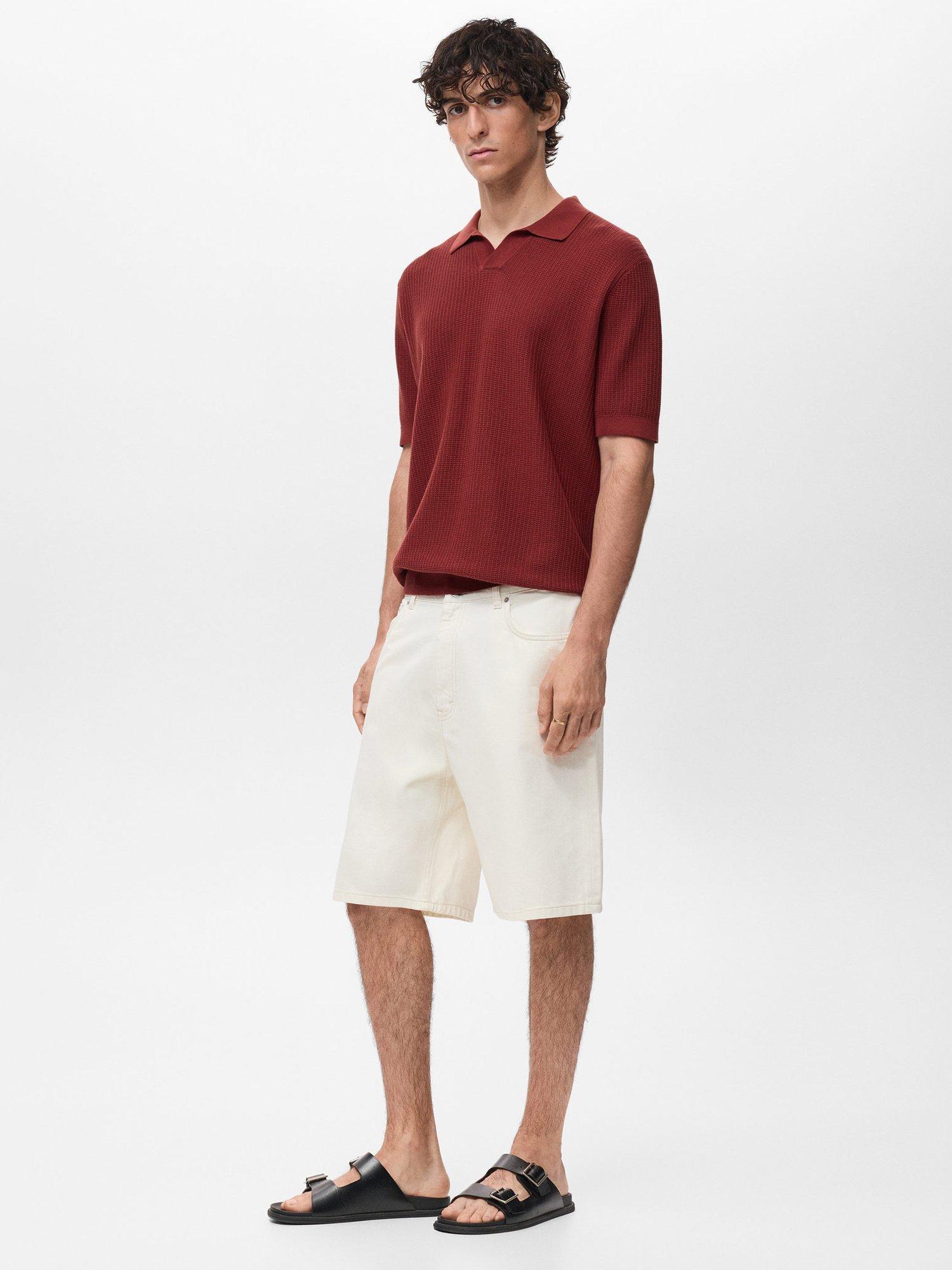 Product image 7 of 8, which shows Mango Cotton Ribbed Knit Short Sleeve Polo Shirt, Dark Red, S