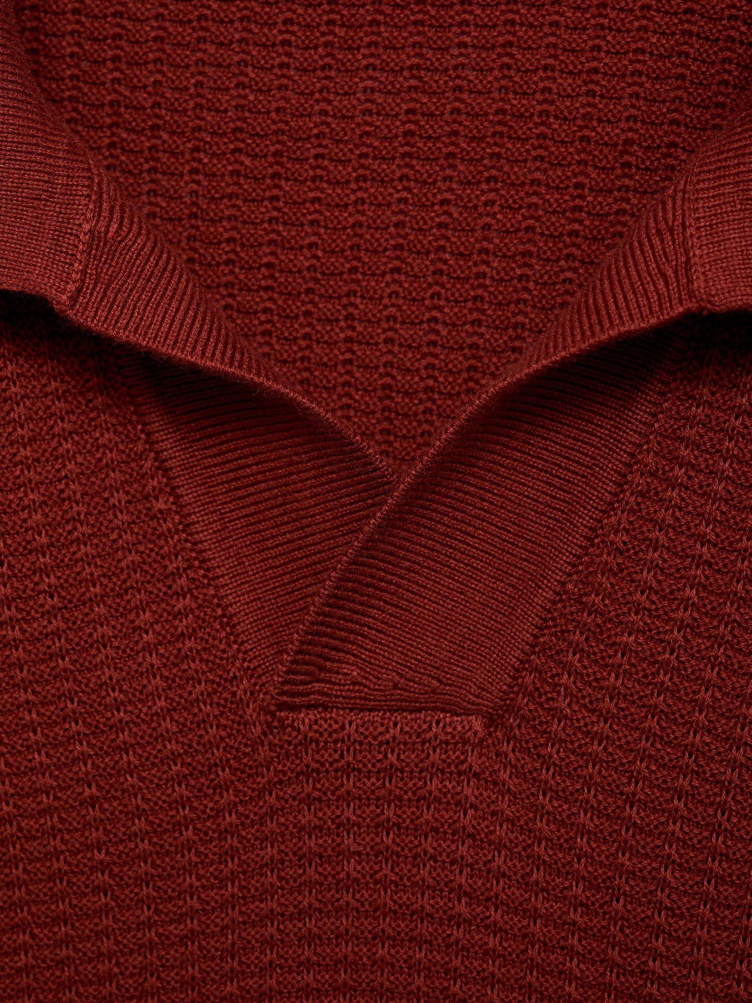 Product image 8 of 8, which shows Mango Cotton Ribbed Knit Short Sleeve Polo Shirt, Dark Red, S