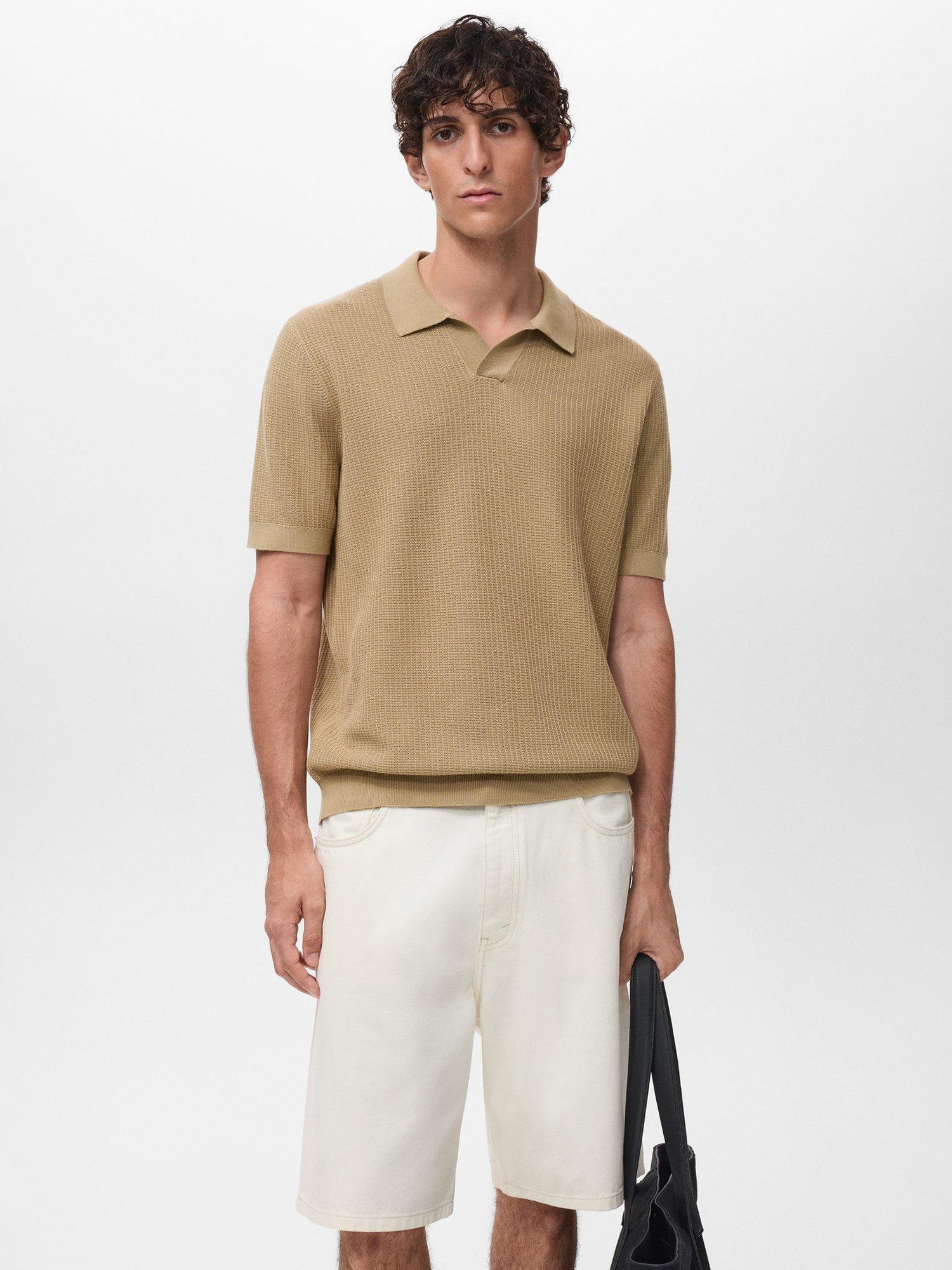 Product image 1 of 8, which shows Mango Fluid Cotton Regular Fit Short Sleeve Polo Shirt, Light Beige, S