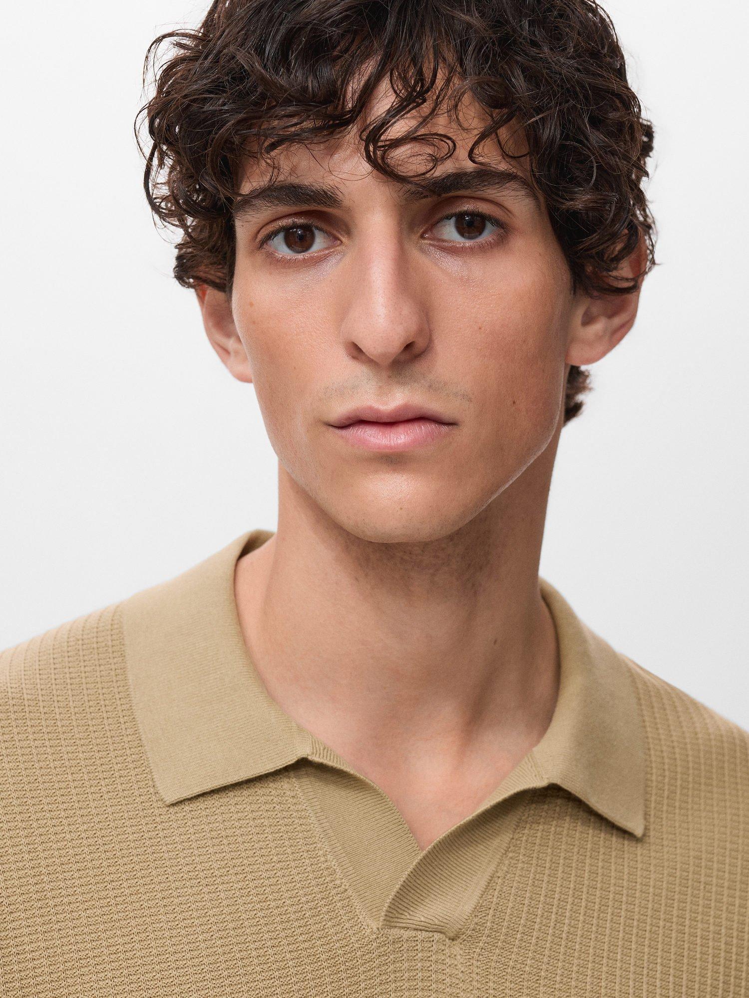 Product image 6 of 8, which shows Mango Fluid Cotton Regular Fit Short Sleeve Polo Shirt, Light Beige, S